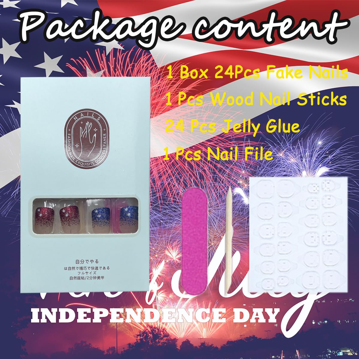 Independence Day Red Blue Glitter Firework Press on Nails Short Square 4th of July Fake Nails with Designs Bling Acrylic Nails Reusable Full Cover False Nails French Tips Glue on Nails for Women 24Pcs