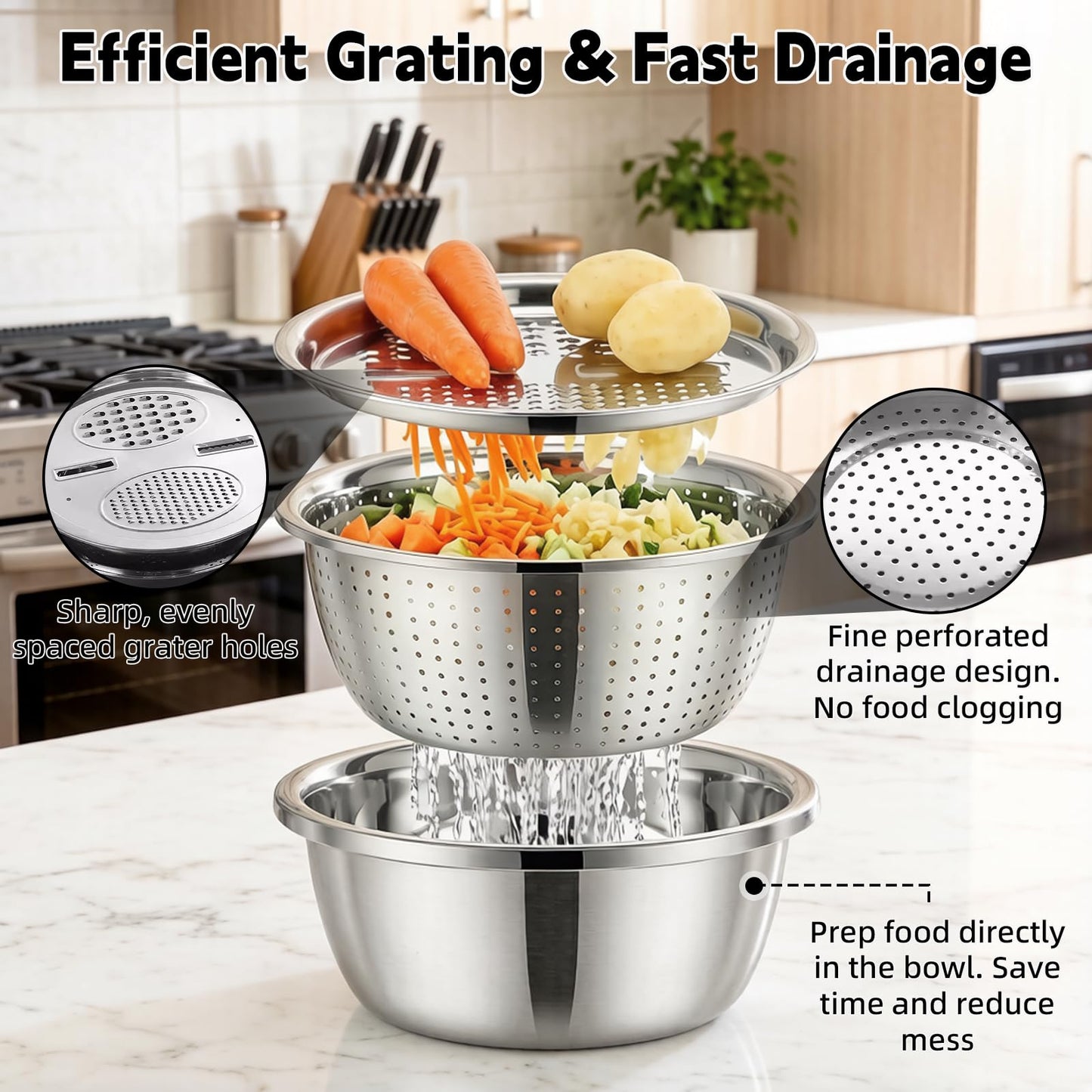 Germany Multifunctional Stainless Steel Basin - 2026 New 3-in-1 Grater Strainer and Drain Basket Set with Vegetable Slicer, 10.24 Inch for Kitchen Rinsing Draining Mixing