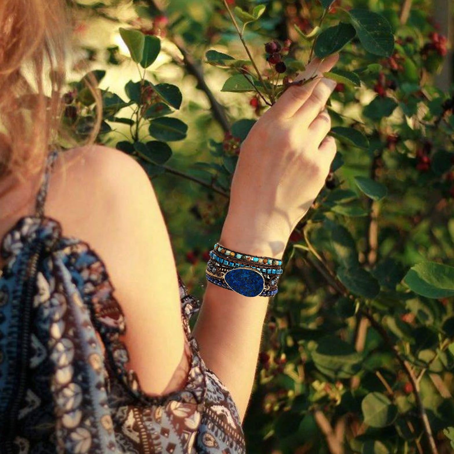 Plumiss Boho Bracelets Handmade Lapis Lazuli Stone Beaded Leather 5 Wrap Bracelet for Women Men Gift