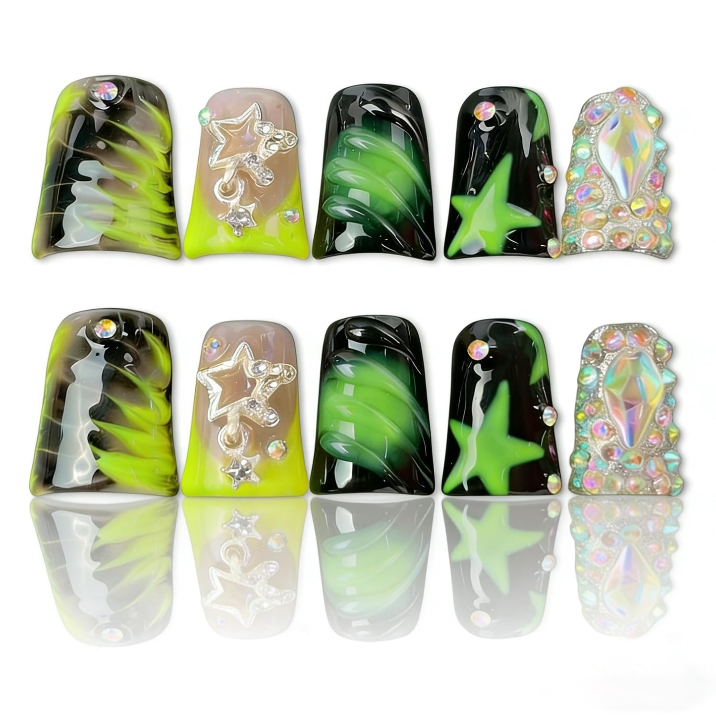 Handmade Press on Nails Medium Duck Nails,Black and Green Fake Nails with Star Rhinestone Design Reusable Acrylic Nature Stick on Nail Y2K False Nails for Wome (Size M)