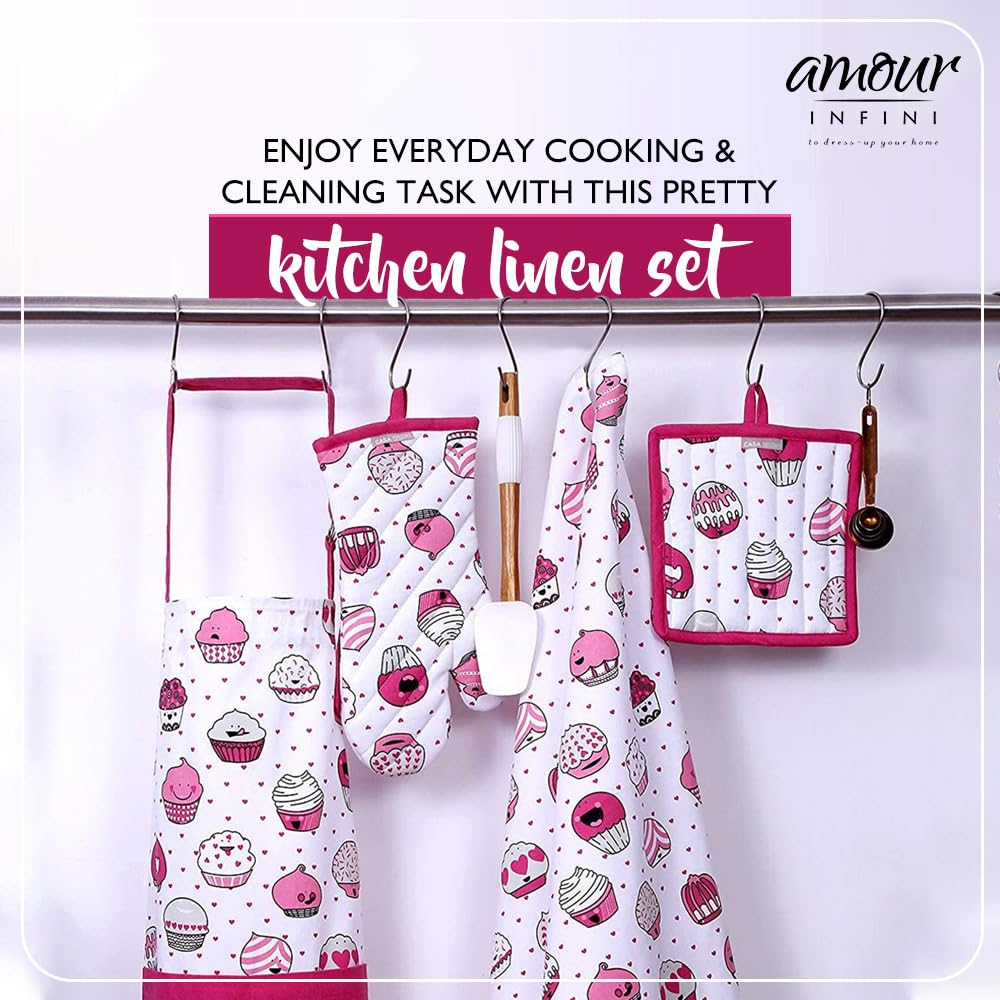 AMOUR INFINI 5 Piece Set of Apron,2 Kitchen Towel,Oven Mitt and Pot Holder in a Valentine Cup Cakes Design Event Outdoor BBQ Baking Grilling Party Kitchen Decor
