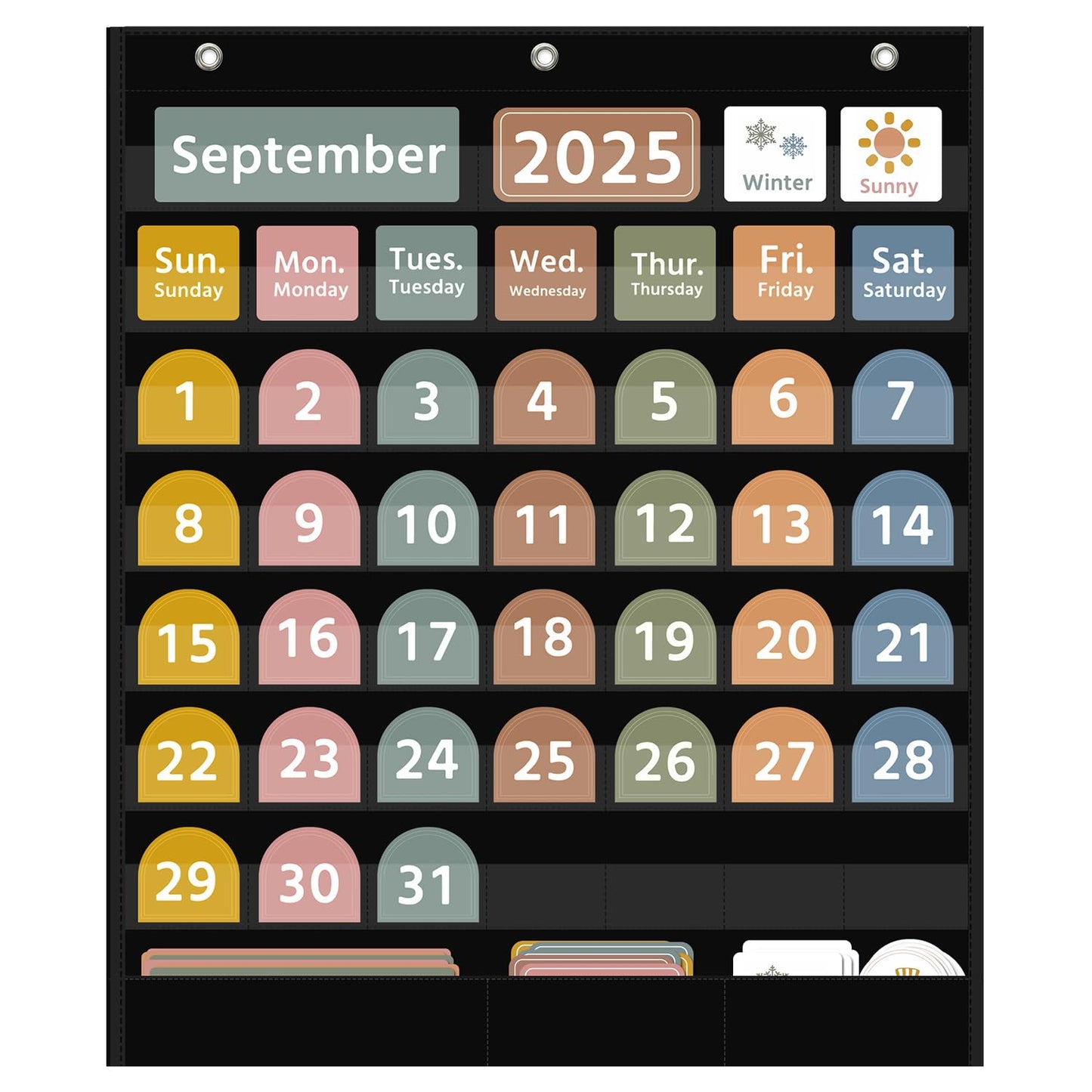 REGELETO Large Boho Calendar Pocket Chart with 96 Cards for Classroom, Size:32.25 x 24.125 inch Black Monthly Calendar and Weather Pocket Chart for Student Learning for Home or School.
