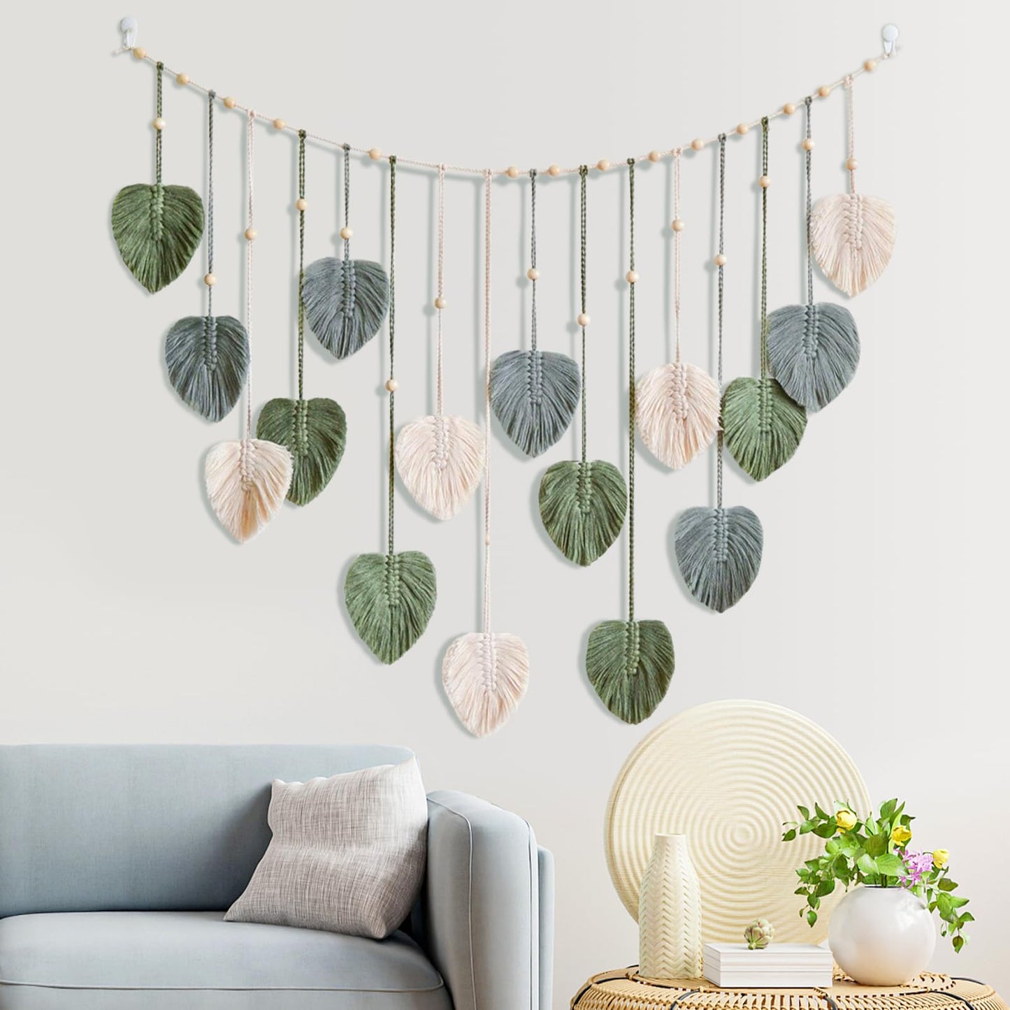Urbun Macrame Leaves Wall Hanging -Large Chic Feather Boho Macrame Wall Decor Leaf Hanging Photo Display Handmade Woven Wall Art Leaf Tapestry for Nursery, Bedroom, Living Room, 29.5 x47.3 Inch