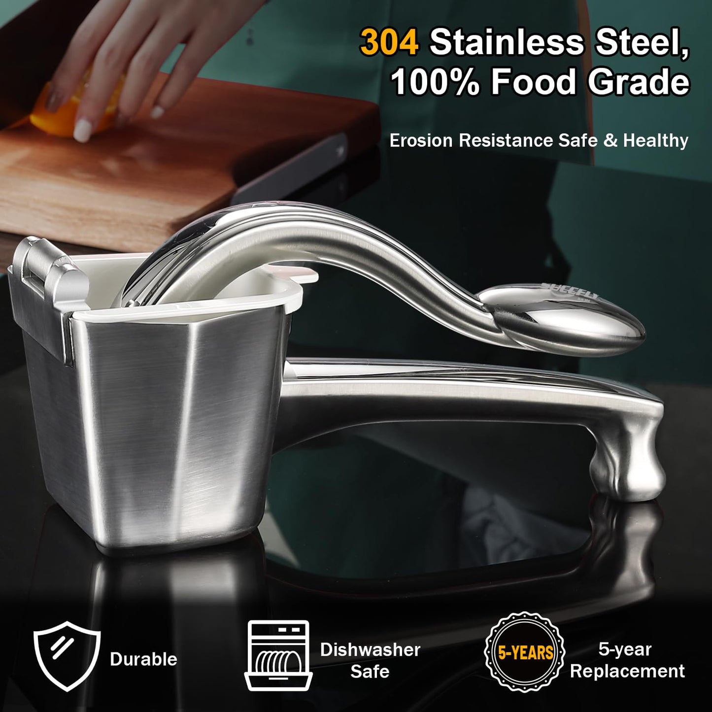 SUCCFLY Lemon Squeezer Stainless Steel, Manual Juicer Citrus Lime Orange Fruit Squeezer Heavy Duty Ergonomic Handle Labor-saving Large Capacity Juice Press Hand Handheld Juicer (5 Year Warranty)