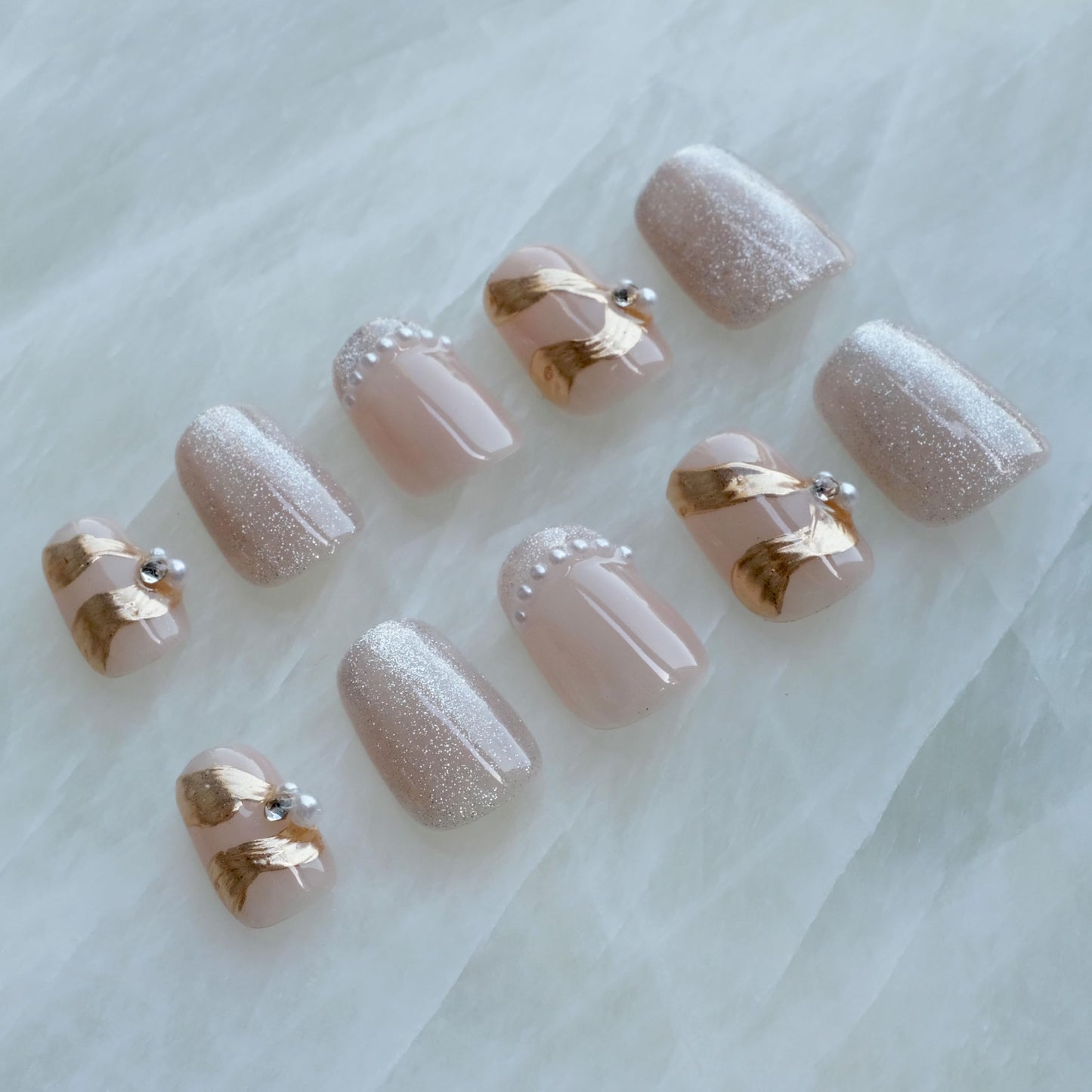 [GLORS] Purely Handmade Press On Nails | Elegant French Pink Pearl Gold Fake False Nail | Salon Quality in Short Square shape, 10 pieces (Medium, SS)