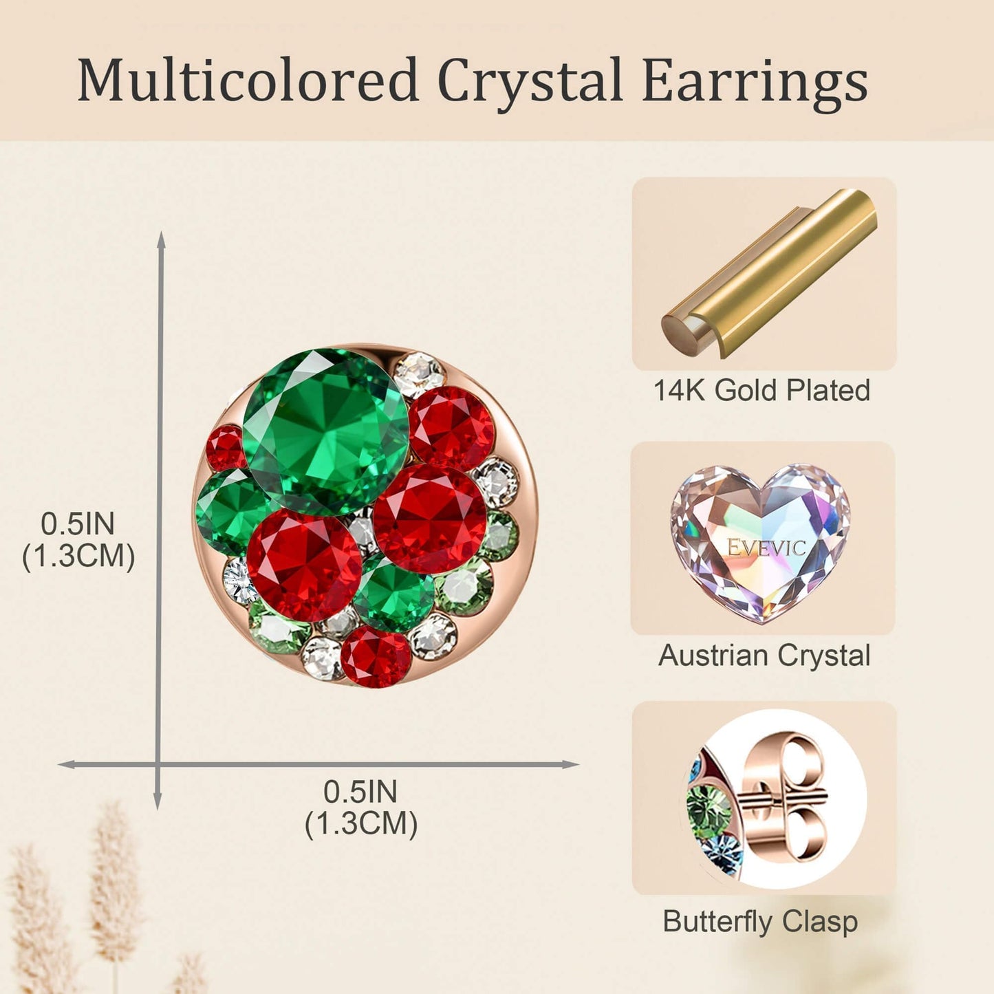 Multicolored Austrian Crystal Rhinestone Stud Earrings for Women Fashion S925 Sterling Silver Hypoallergenic Jewelry (Christmas Glow)