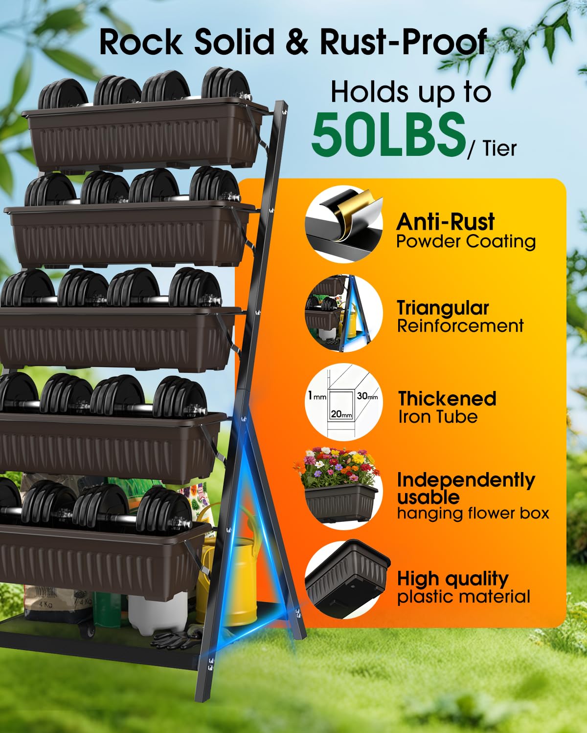Olaiti 5-Tier Vertical Garden Bed Planter Boxes with Drainage System & Storage Space, Freestanding Vertical Garden Planter with 5 S-Hooks for Plants Vegetables Flowers Herbs in Garden Patio Yard