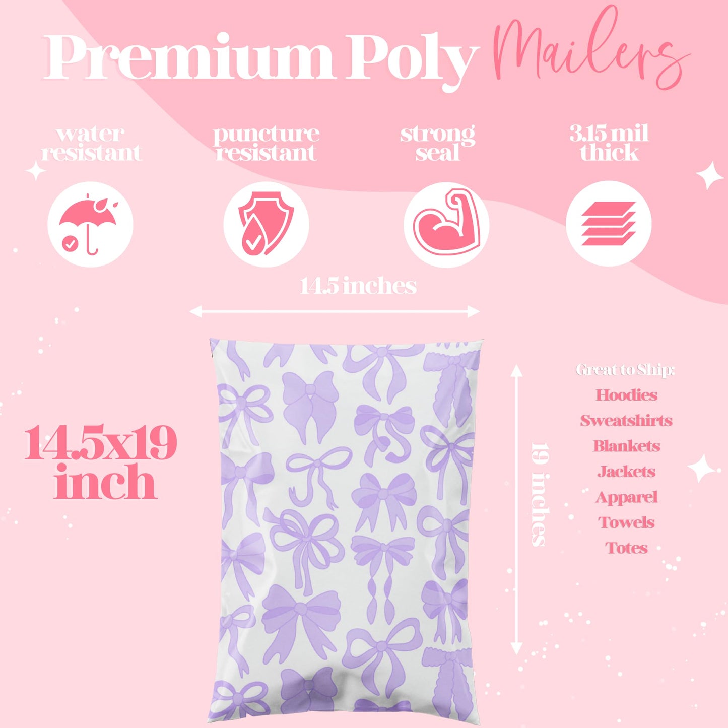 Pretty Package Store 6x9 Designer Poly Mailer 100 Pack Heavy Duty Waterproof Self Seal Shipping Bags for Small Business Large Mailing Envelopes Bulk Tear Resistant Packaging Purple Bows