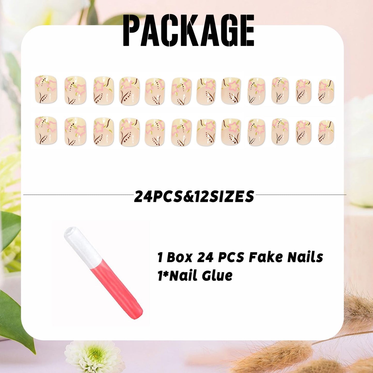 IMSOHOT Press on Nails Short Square Fake Nails with Flower Designs Yellow French Tips False Nails Cute Glossy Summer Artificial Glue on Nails for Women Girls Manicure 24Pcs