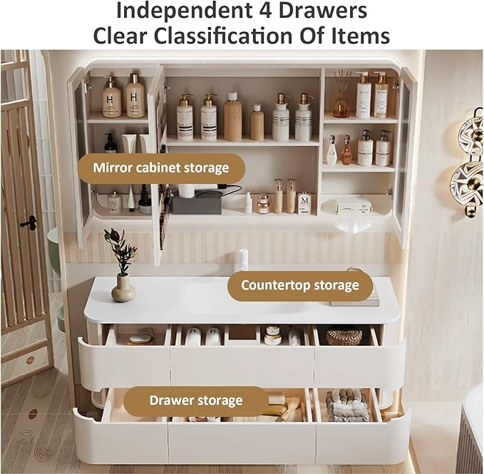 36IN Bathroom Vanity - Bathroom Vanity with Sink with Intelligent Induction Light | Wall-Mounted Bathroom Vanity with Intelligent LED Mirror Cabinet & 6 Drawers, Cream Color