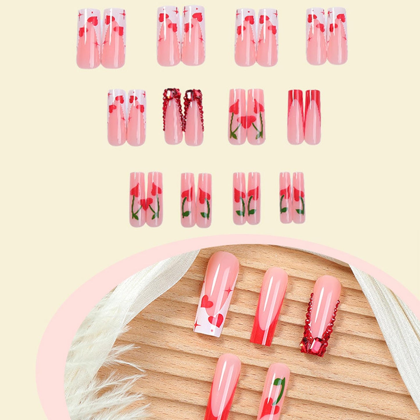 IMRAIN Red Press on Nails Long Square Fake Nails Rhinestone French Nail Tips Full Cover Acrylic Glossy False Nails with Cherry Heart Designs Glue on Nails