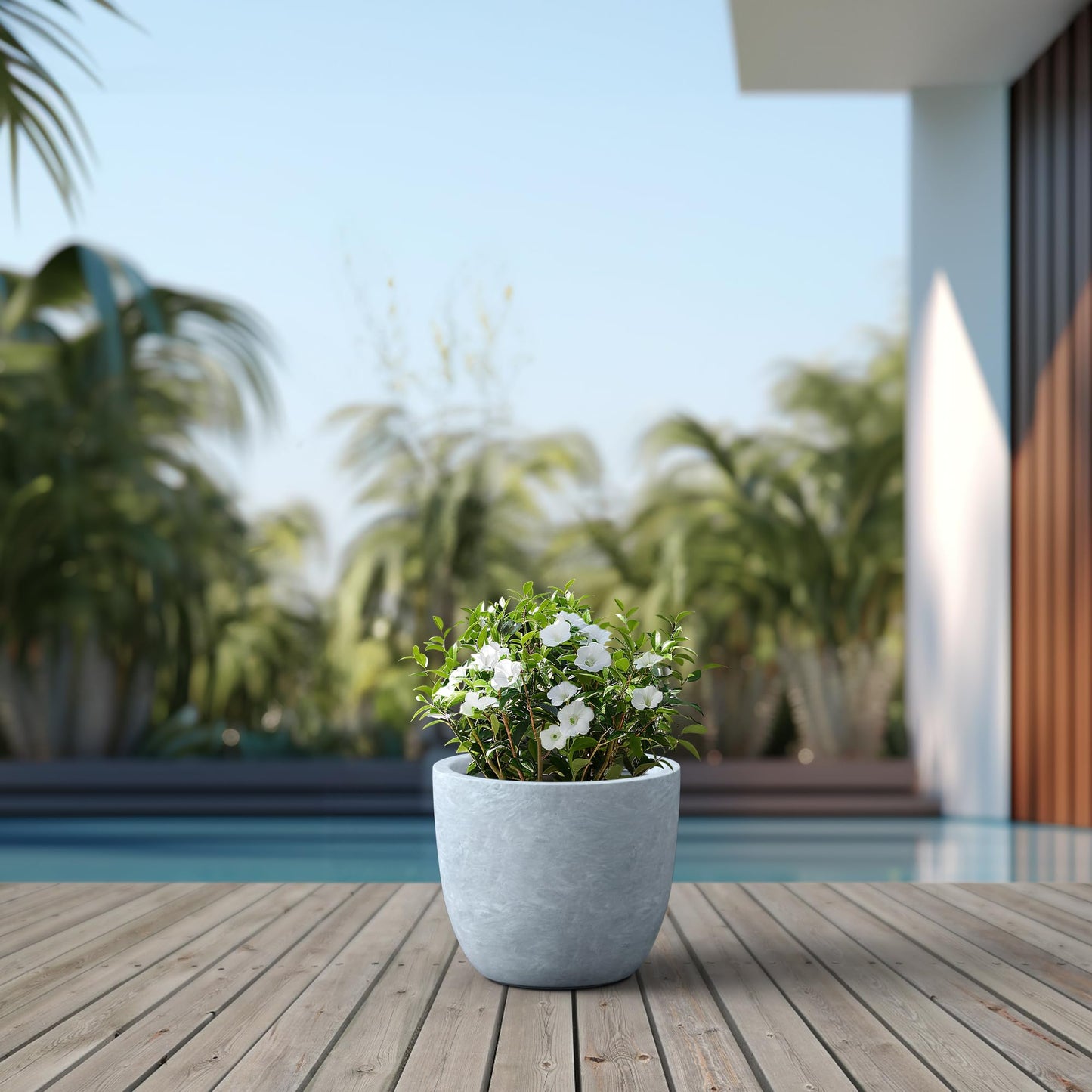 Kante 14 Inch Dia Round Concrete Planter, Indoor Outdoor Large Plant Pot with Drainage Hole and Rubber Plug for Home Patio Garden, Gray