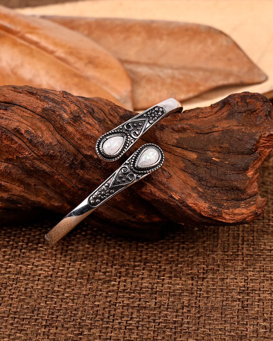 Irideket Opal Stones Vintage Sterling Silver Plated Cuff Bracelet, Silver Bangles for Women, Adjustable Silver Jewelry, Elegant Silver Bracelet