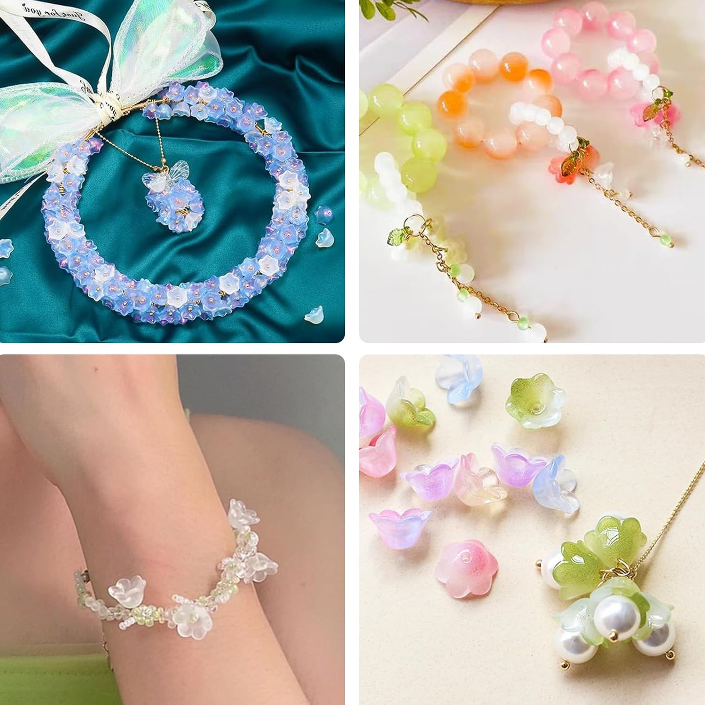 MaehSab 300 Pcs Glass Beads for Jewelry Making, Colorful Trumpet & Bell Flower Crystal Loose Beads, Bulk for DIY Projects