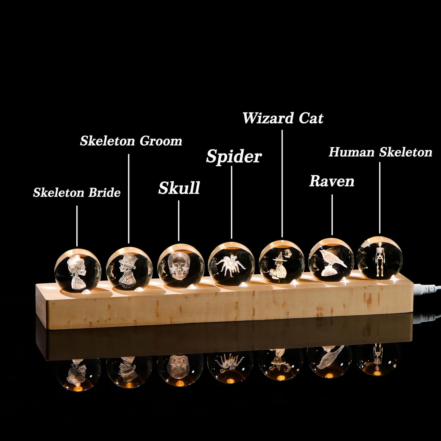 Qianwei 3D Crystal Ball Gothic Halloween Decor with Led Lamp Base - Best Birthday Gift for Man Teacher Boy Kids - Skeleton Bride Gloom Spider Skull Wizard Cat Raven Gifts