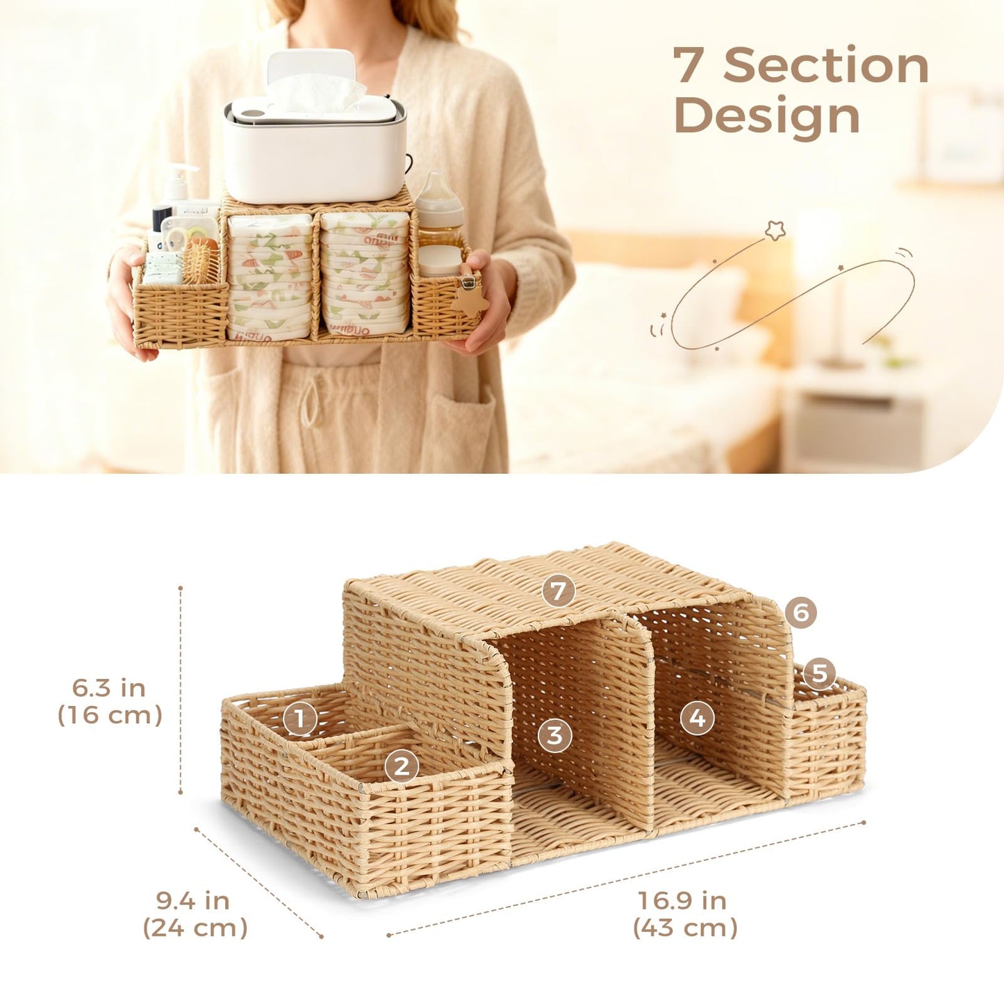 Klippehop Diaper Caddy Organizer, Hand Rattan Nursery Storage Basket for Baby Essentials, Baby Changing Table Organizer Perfect Nursery Assistant (Hollow PE Rattan - Style 2, L)