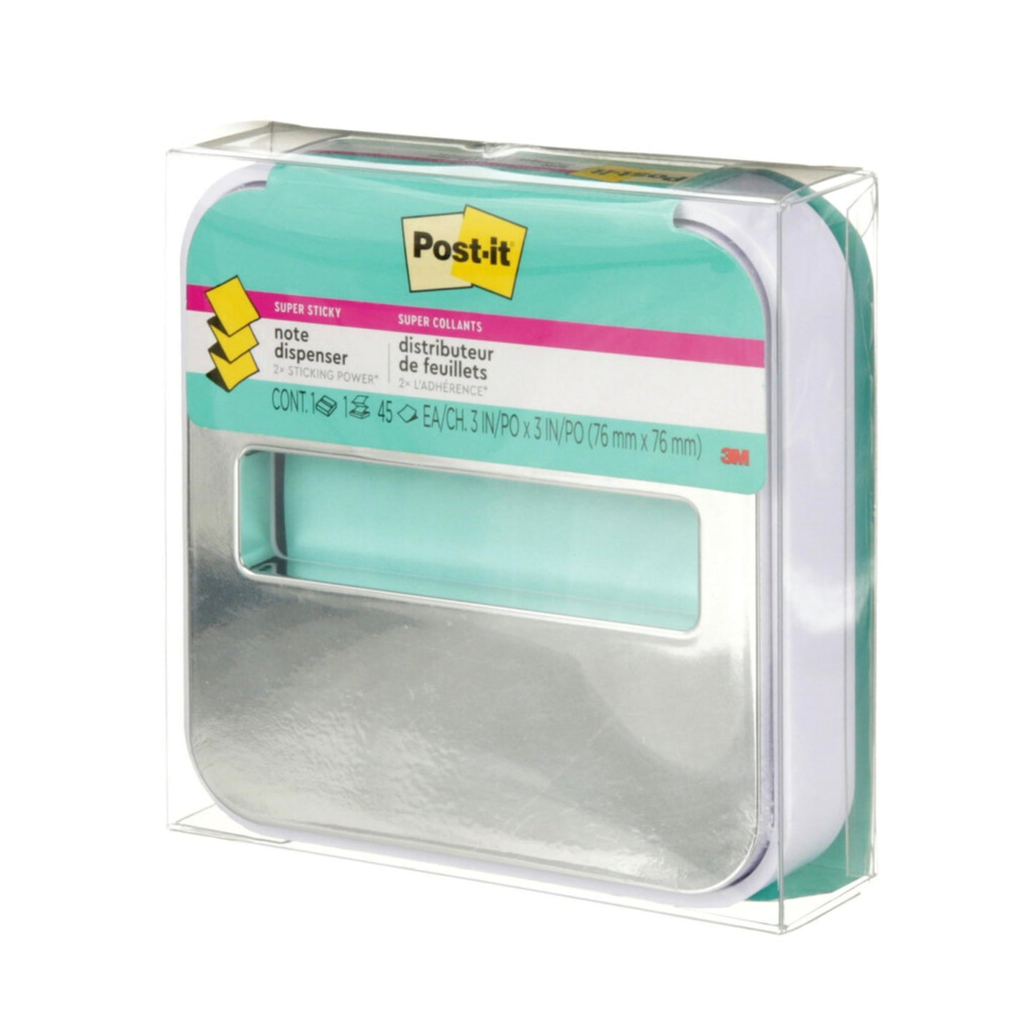 Post-it Note Dispenser, Sticky Note Holder, White Base with Steel Top, Includes 1 pad of 45 Sheets of 3 in x 3 in Aqua Splash Pop-Up Notes, Classroom or Office Supplies