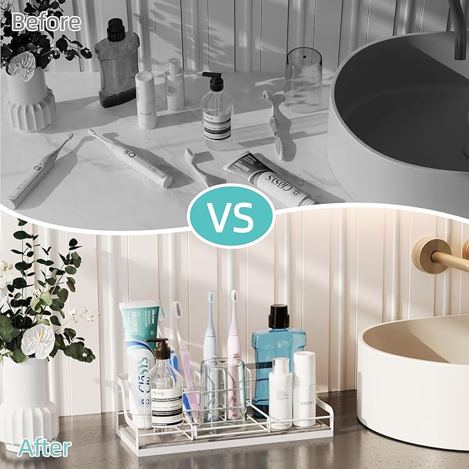 Toothbrush Holders, Bathroom Organizers and Storage with with Instant Drying Stone, 6 Slots Bathroom Accessories with Adjustable Toothpaste Holders, Bathroom Counter Organizer, White