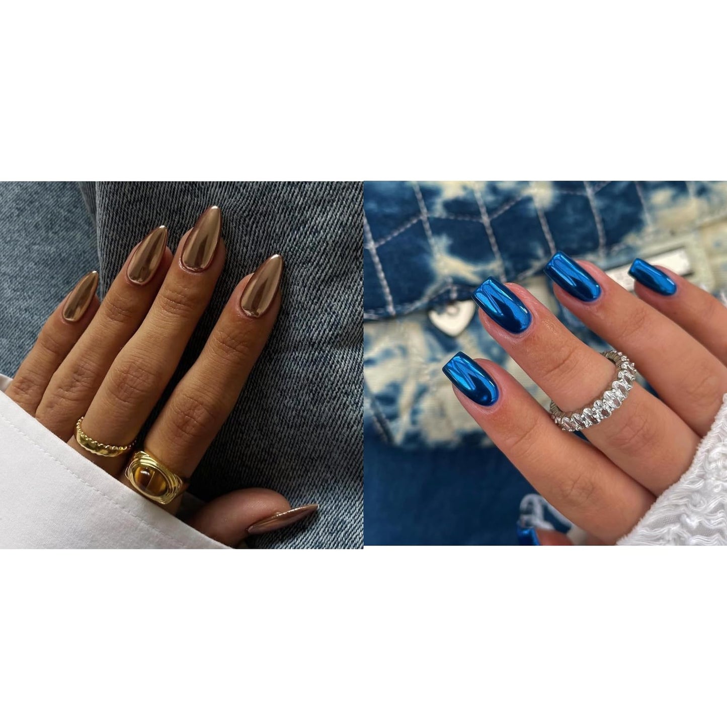 KQueenest Light Bronze Chrome Press on Nails Medium Almond&Royal Blue Chrome Press on Nails Short Medium Square For Beach Party Daily Decoration in 48 PCS