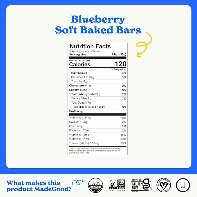 MadeGood Mornings Soft Baked Breakfast Bars, Blueberry, 1.06 Oz (30 Count) Gluten Free Snacks