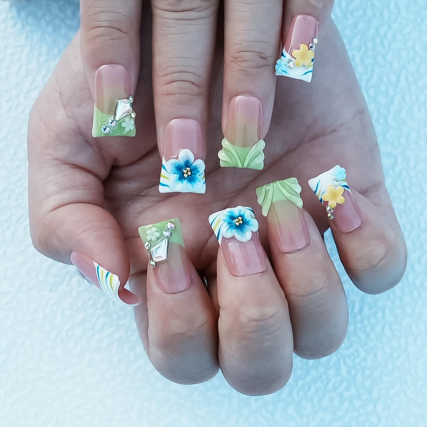 Tesytto 10Pcs Handmade Press on Nails Short Duck Nails Press ons Green French Tip with 3D Floral Rhinestone Design Stick on Nails for Women Nails Art (Whisper in Blush & Mints,S)