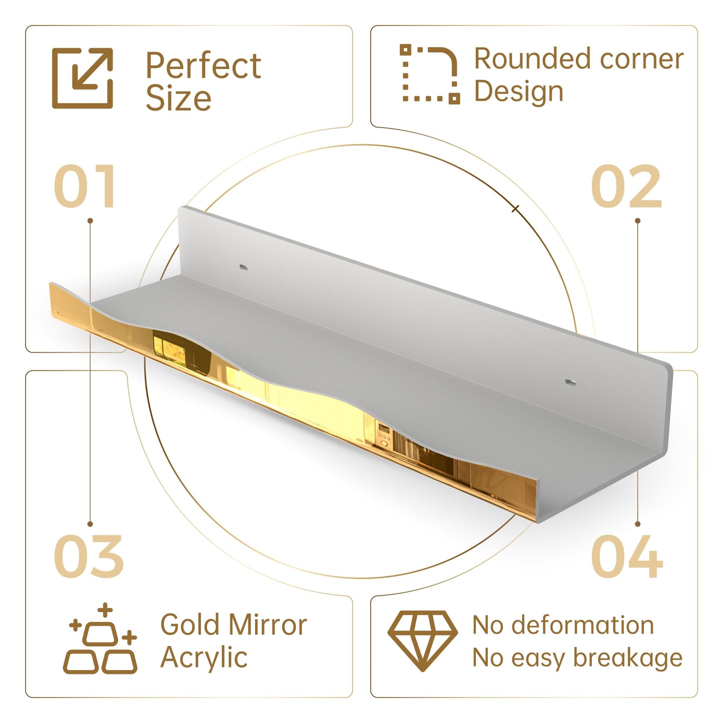 YMVV 15.7 in Large Golden Reflective Acrylic Mounted Floating Shelf, Perfume Organizer Shelf, Modern Bathroom Storage Toy Display Organizer Decor 4 Pack