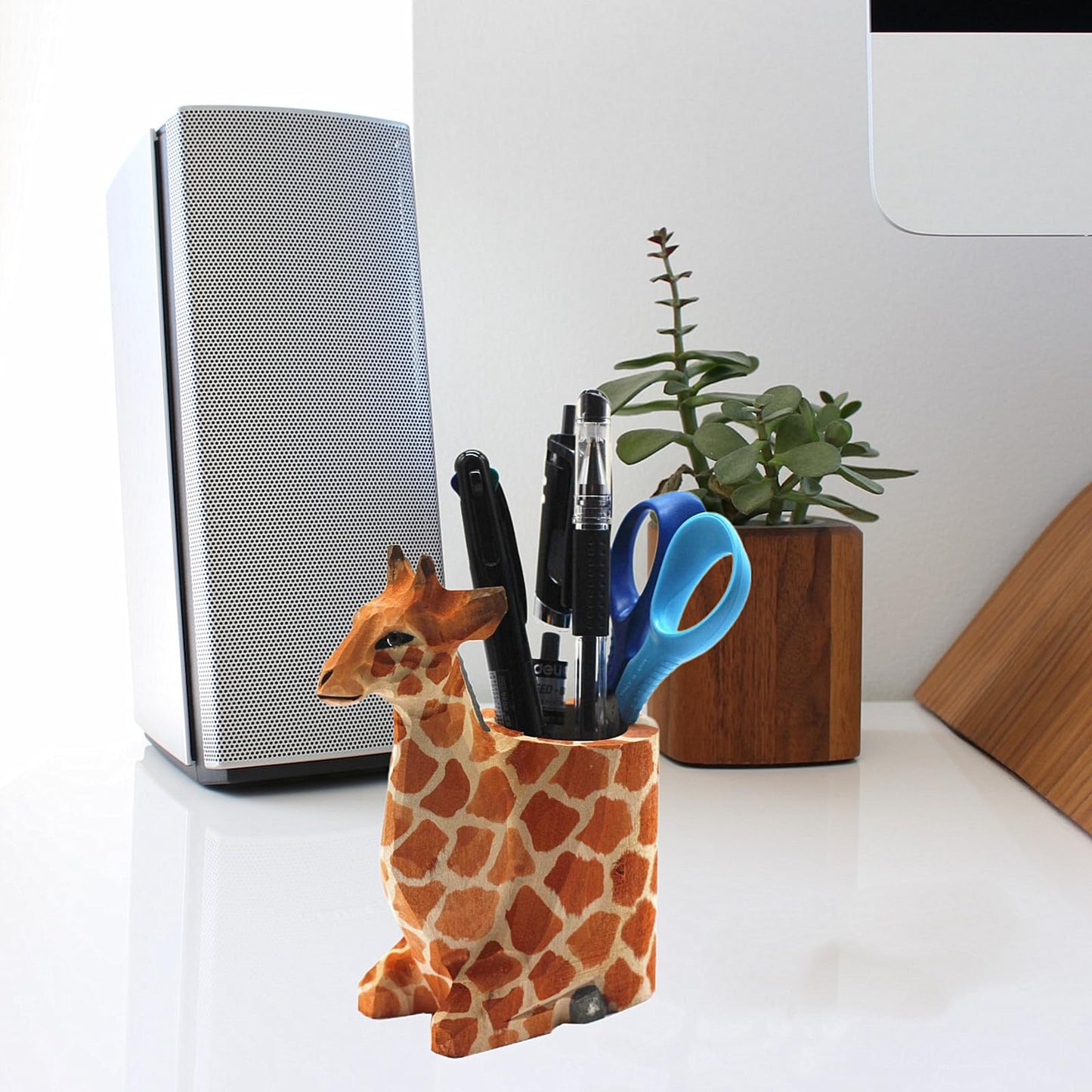 TANG SONG Creative Wood Carving Giraffe Handicrafts Pen and Pencil Holder Office Desk Supplies Organizer Pencil Cup