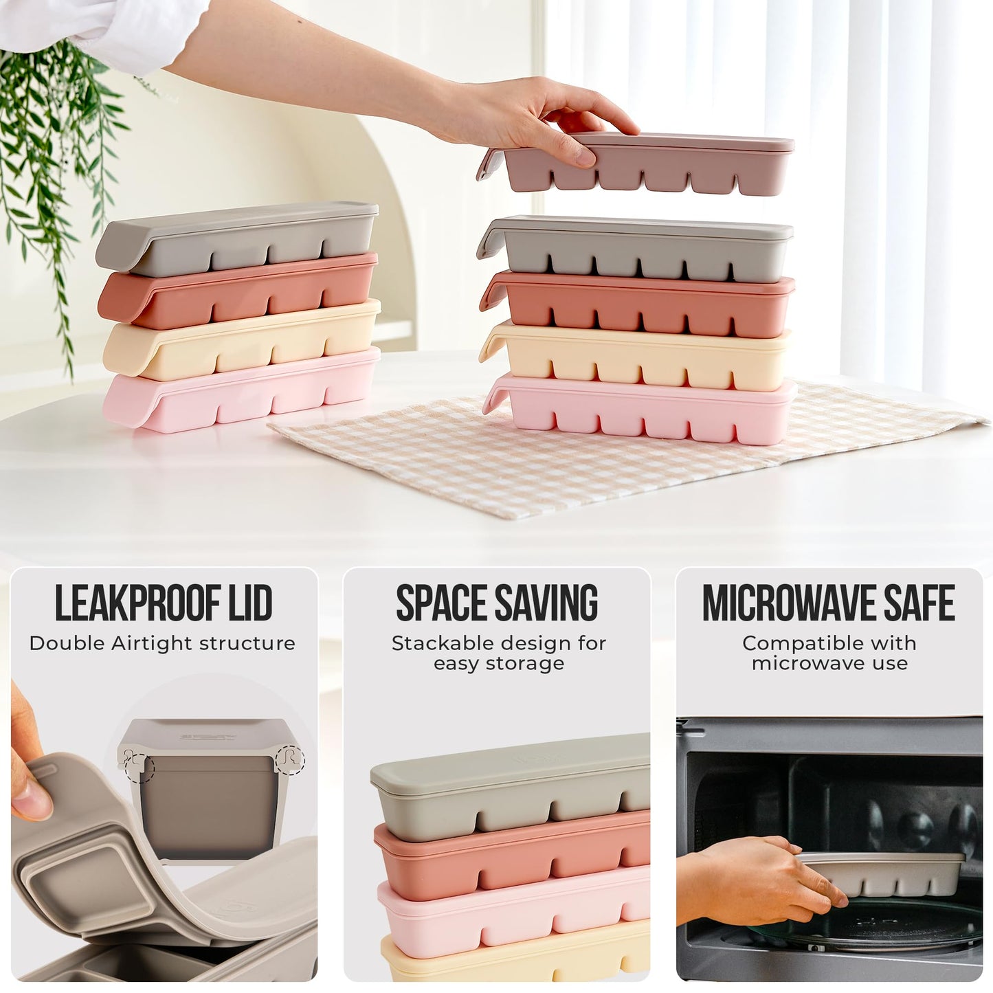 Firgi 0.7 oz/12 Sections Silicone Ice Cube Freezer Tray with Lid, 100% Food-Grade Platinum Silicone,Leak Resistance & Dishwasher Safe for Baby Food Prep,Breast Milk,Purees - Korean Made, Gray