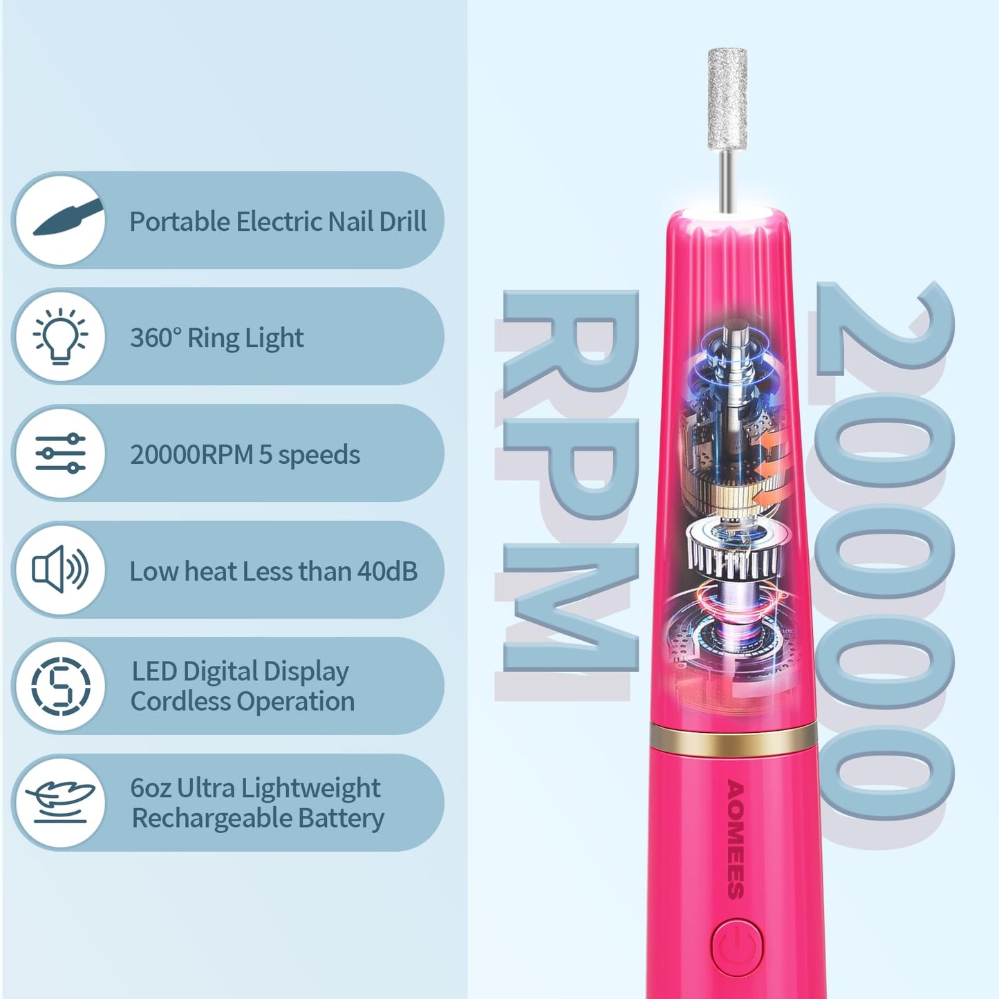 Cordless Electric Nail Drill with 360° Ring Light, Portable Nail File Kit for Acrylic, Gel Nails, Portable Home Manicure Kit for Manicure and Pedicure (Rose Red)
