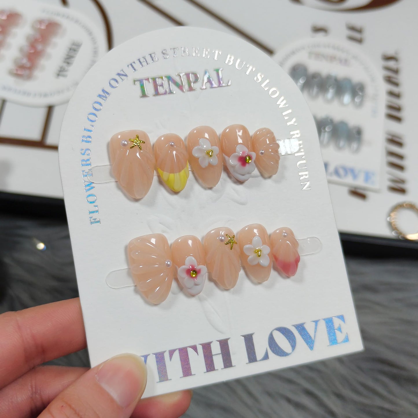 TENPAL Warm Yellow French Tips Press on Nails Short Oval with 3D Floral, Handmade & Reusable, Cute Sheer Soft Sunny Style False Nails for Clean Daily Wear(M)