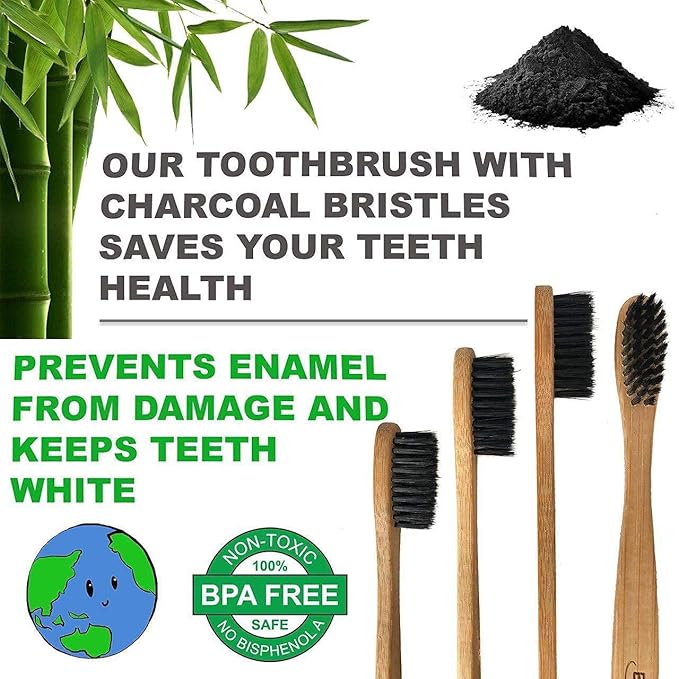 4 Count I Bamboo Toothbrush I Soft Bristles Best for Sensitive Gums I Charcoal I Vegan I Natural Wood I BPA Fee I Recyclable I Compostable I Biodegradable | Environmentally Friendly