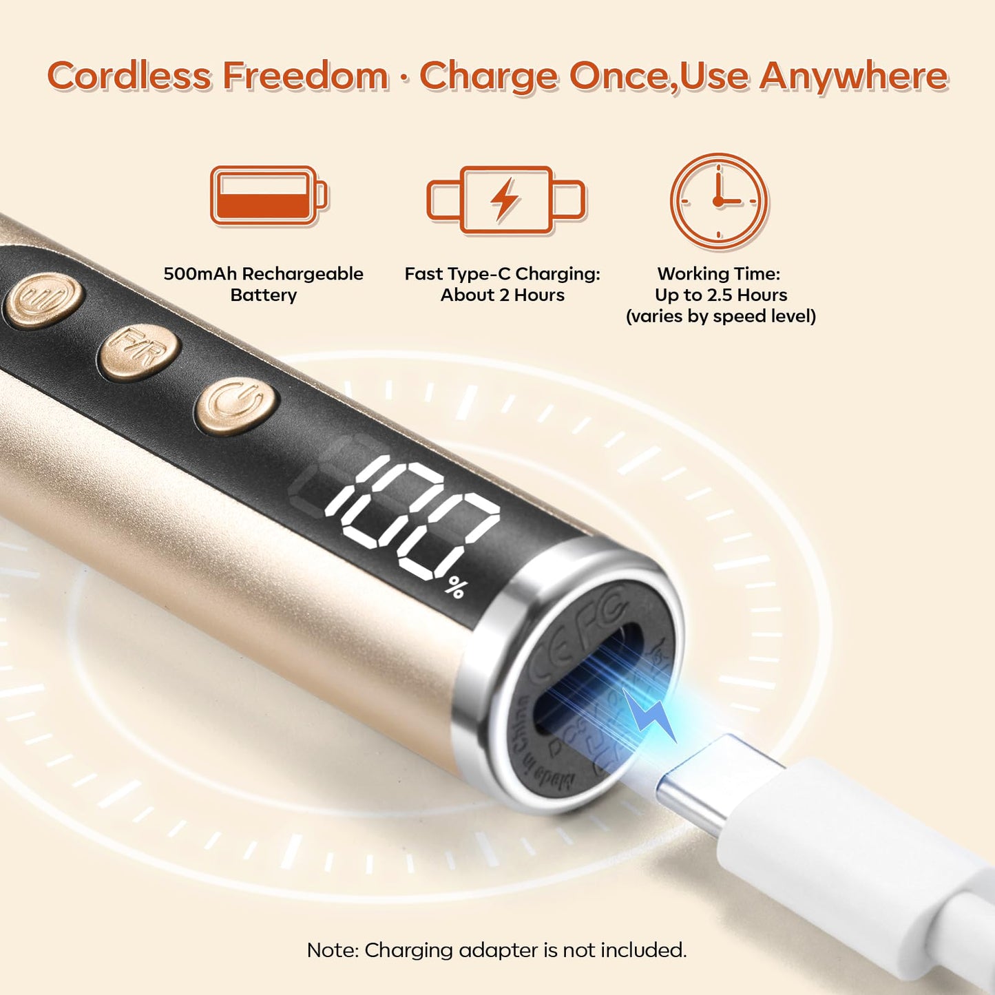 Makartt Pen-Shaped Rechargeable Nail Drill for Beginners: 25,000 RPM Cordless Electric Nail File with 5-Speed LED Display, Lightweight Quiet E File Kit for Gel Polish Removal, Home Travel Use(Gold)