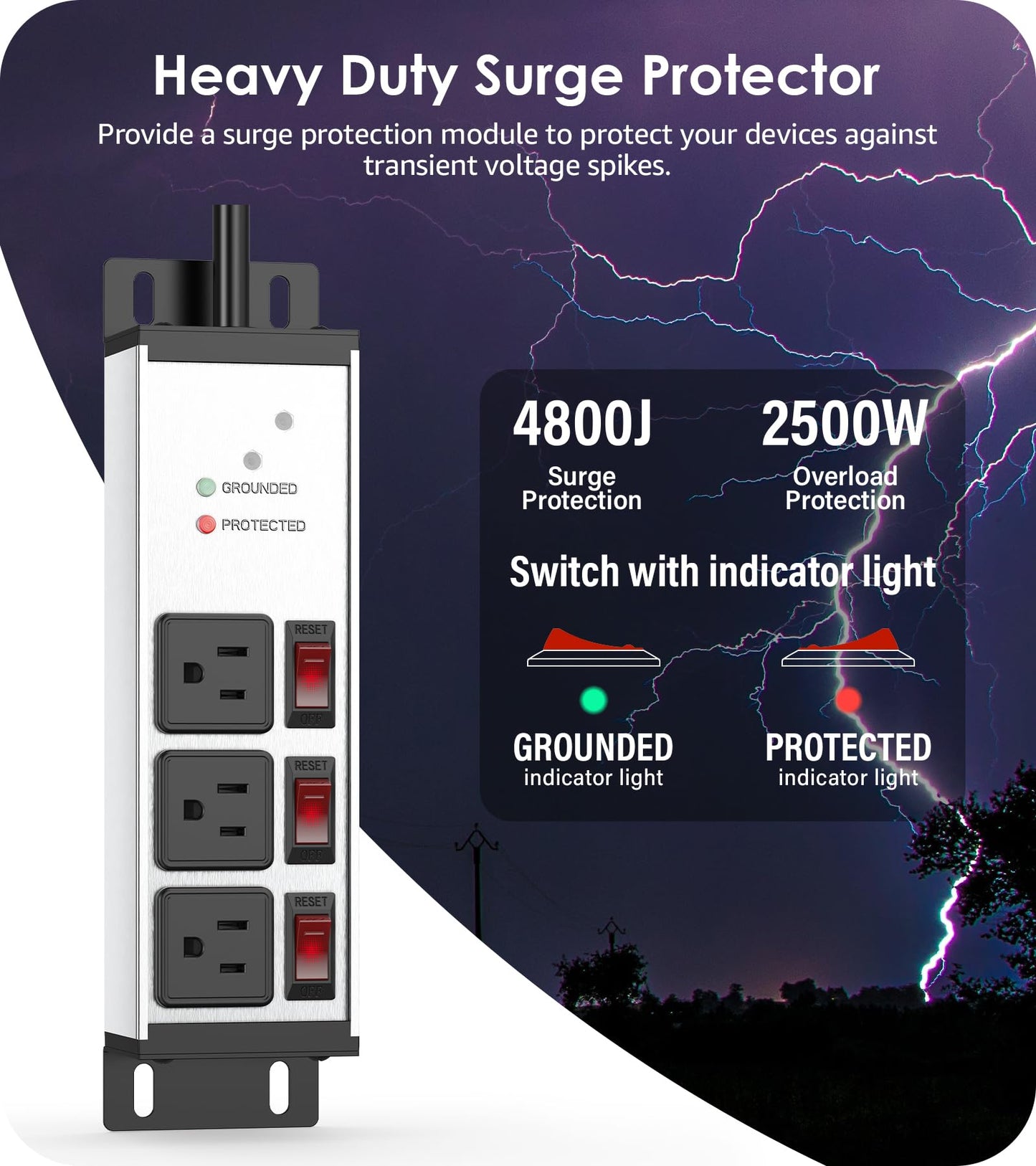 CCCEI 3 Outlet Heavy Duty Surge Protector Power Strip 20 Amp Individual Switches. 12 Gauge Extension Cord, Overload, Ground Protection. Garage Wall Mount Electric Extender, 6FT, Silver.