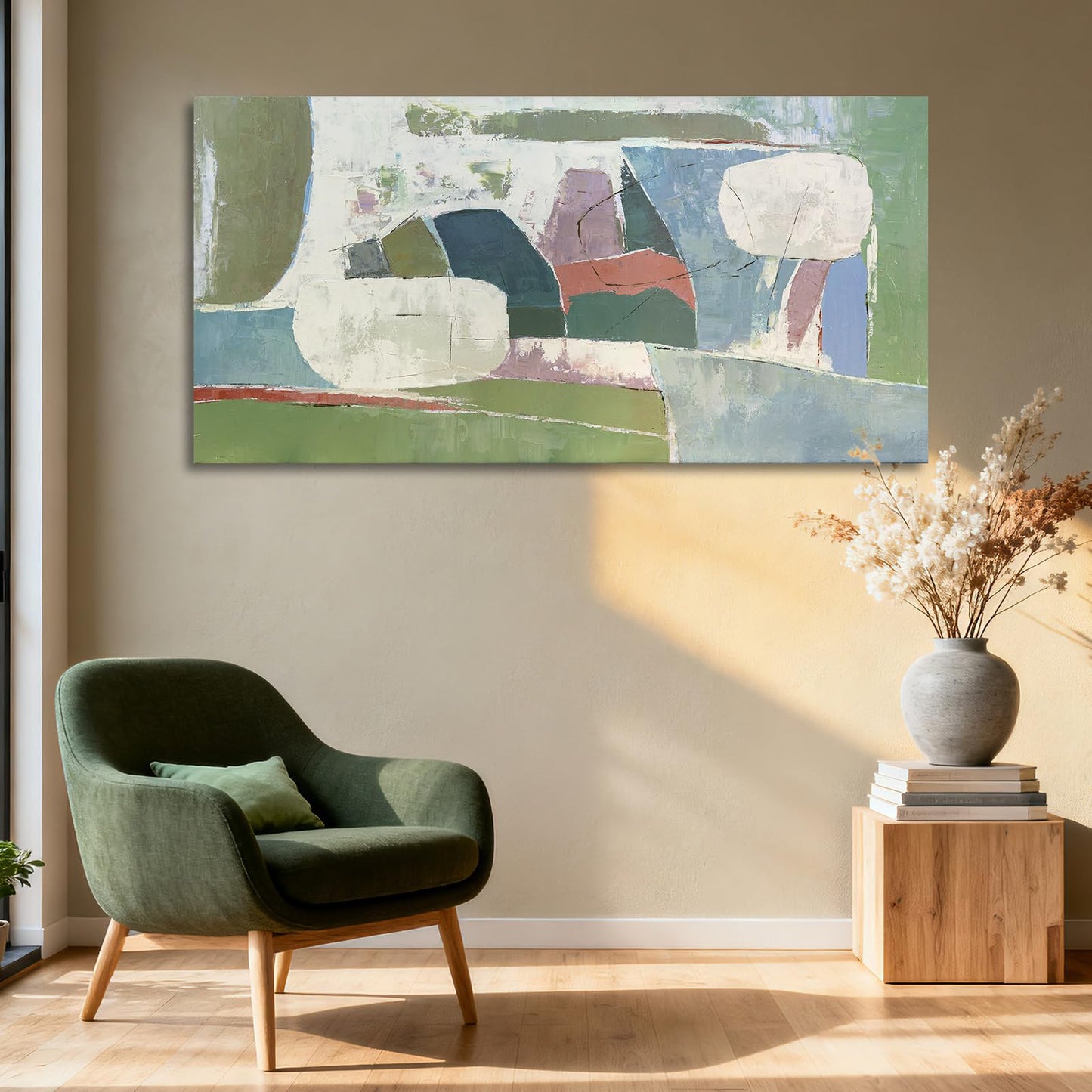 YETHEN WAL Sage Green Abstract Wall Art – 20×40 Minimalist Canvas Print, Soft Olive & Mist Blue Artwork for Living Room, Bedroom or Entryway Decor