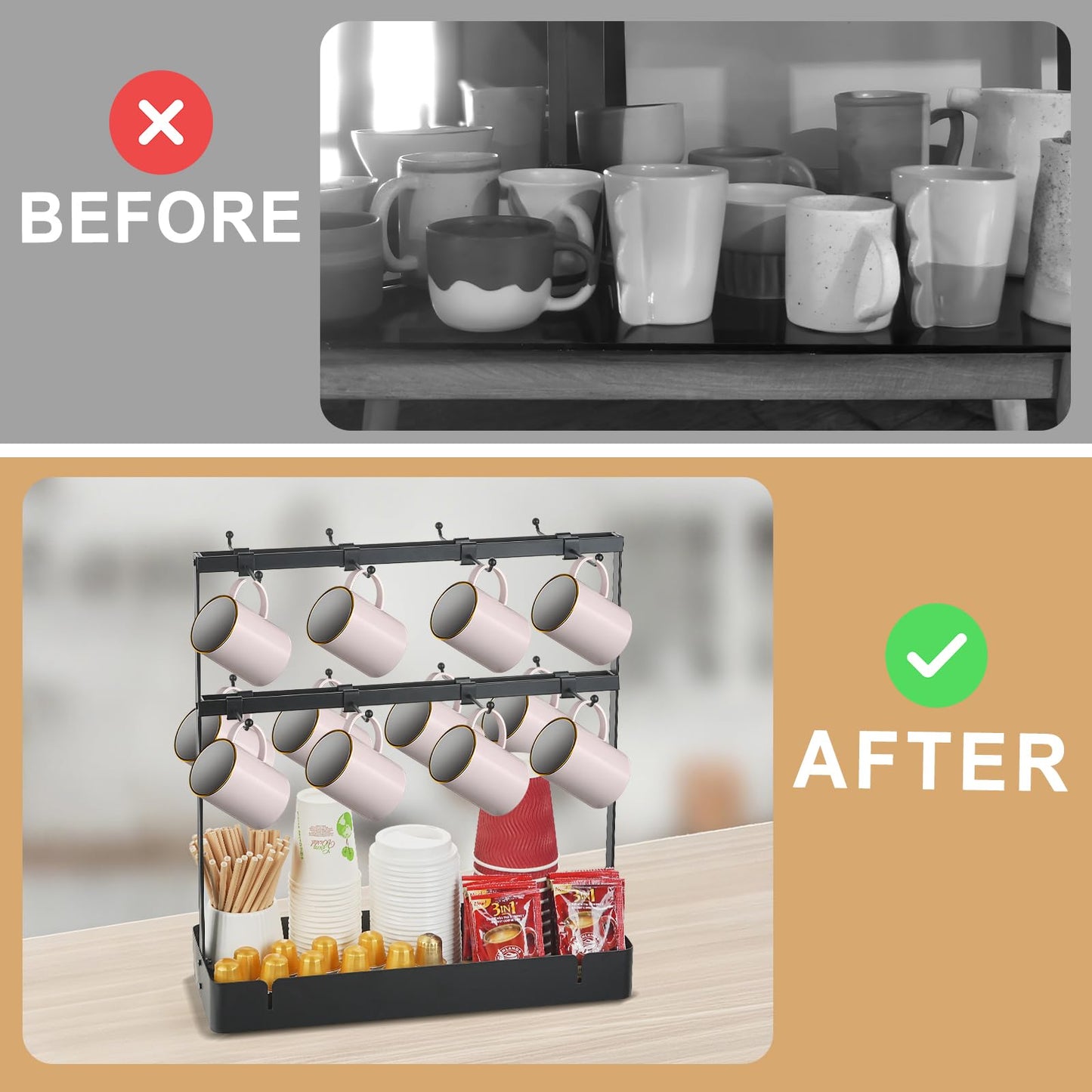 CWYEYE Coffee Mug Holder for Countertop, Cup Holder Rack with Slidable 16 Hooks, Large Mug Holder with Storage Base for Coffee Bar, Kitchen, Dining Room - Black