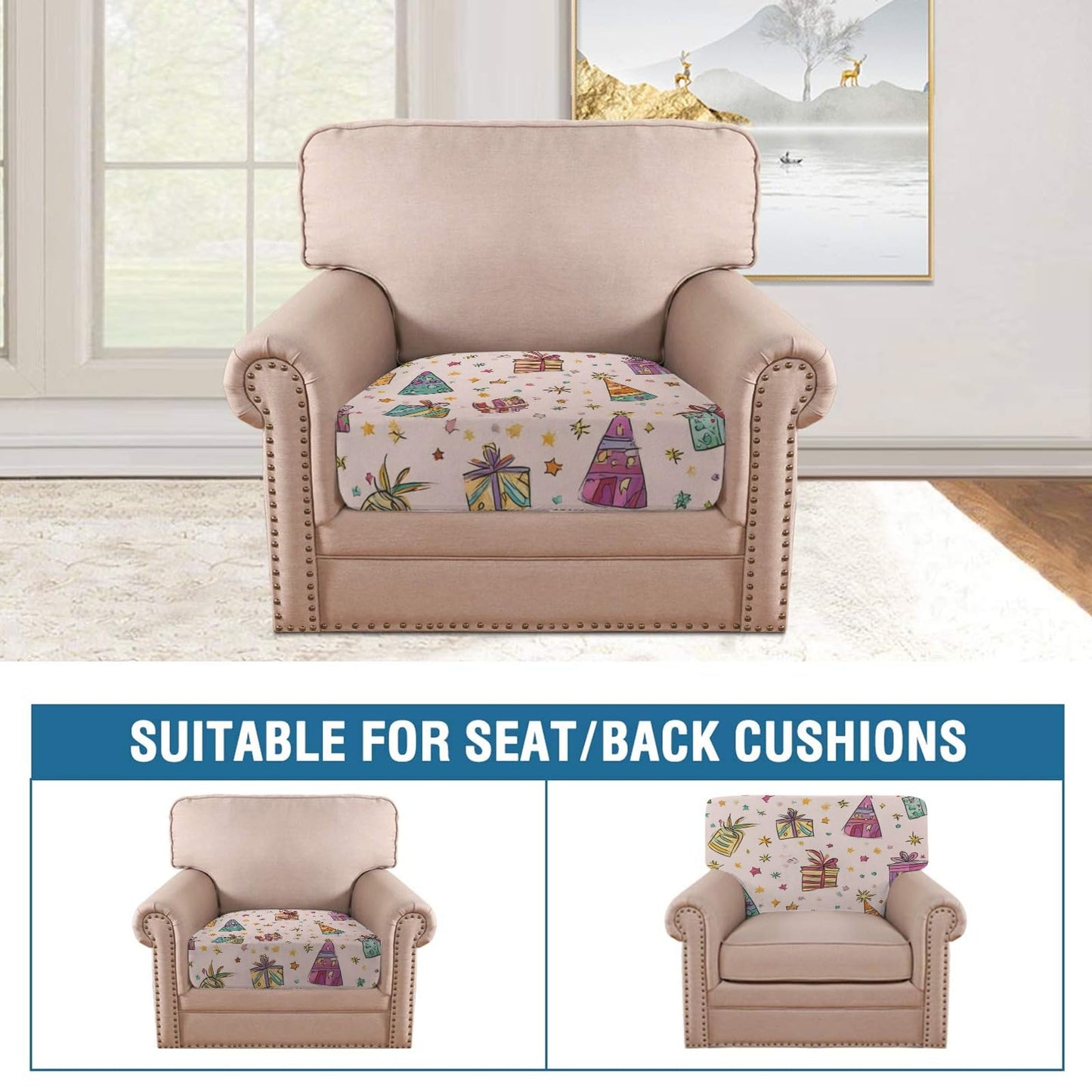 pnyoin Colorfule Gift Box Stretch Individual Seat Sofa Cushion Covers Elastic Couch Cushion Cover Slipcover Sets -4 Piece Sofa Cushion Covers