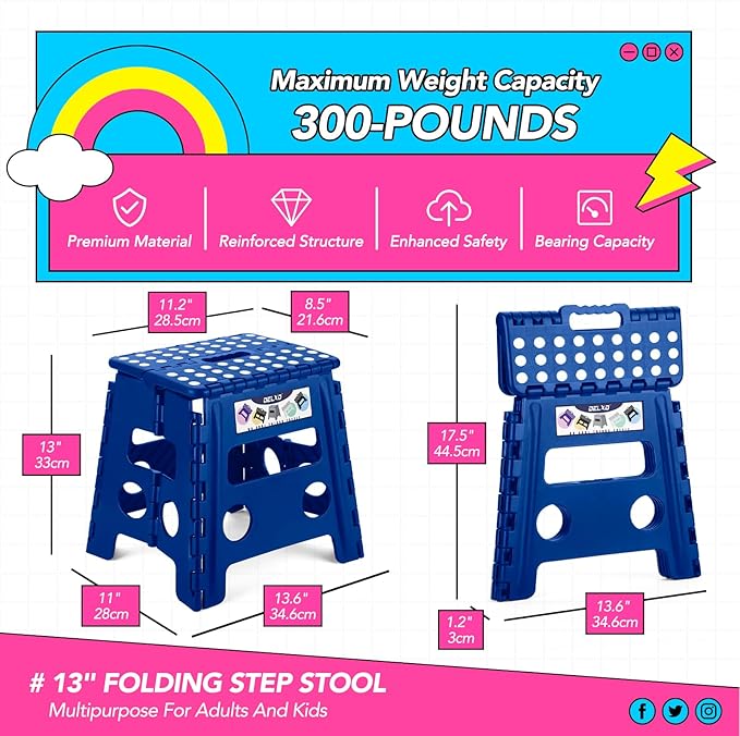 Delxo Folding Step Stool 13 Inch 2 Pack Blue Non-Slip Foldable Stools for Kids & Adults Up to 300 LBS Step Stool with Handle, Lightweight for Kitchen/Bathroom/Bedroom/Garden