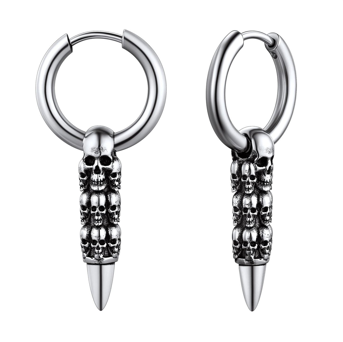 Stainless Steel Skull Hoop Earrings for Men Women Small Huggie Hoop Earring with Dangle Bullet Halloween Jewelry