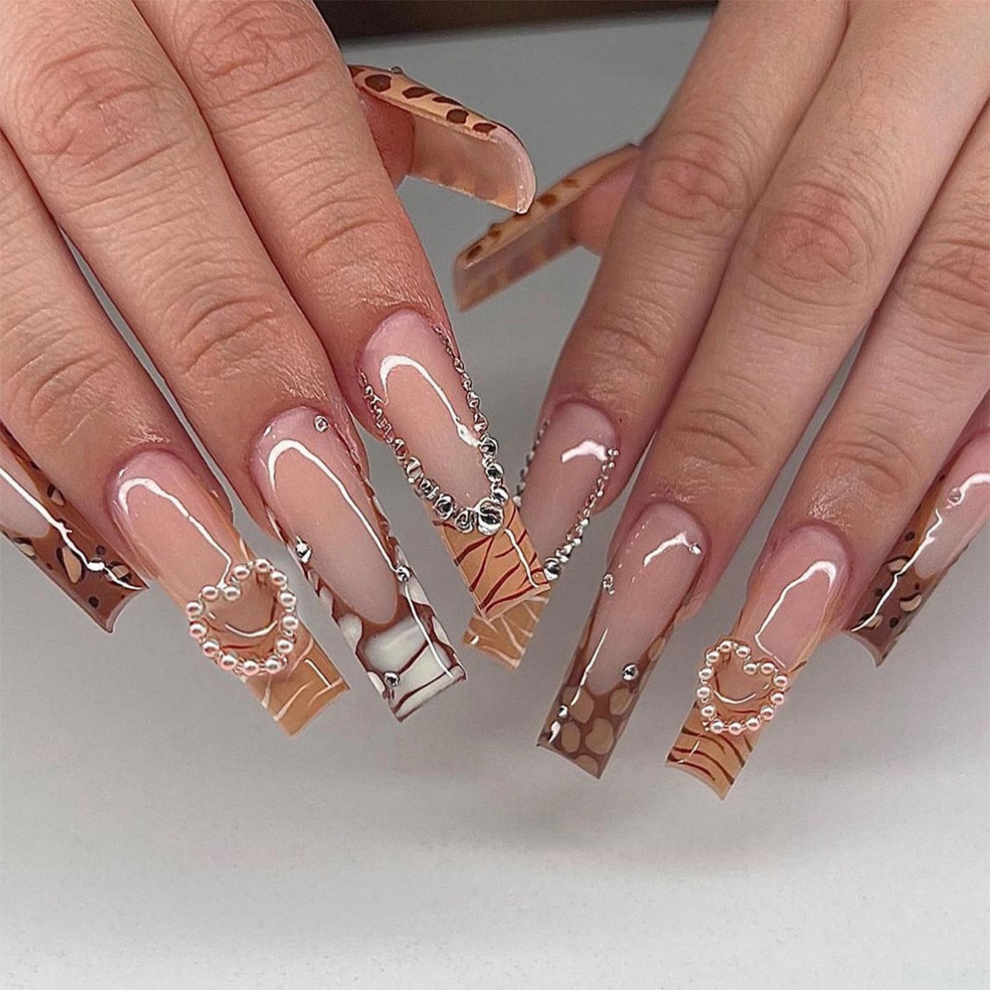 MISUD Press on Nails - Long Square Glue on Nails with Cheetah, Acrylic Fall Brown Design 24 pcs