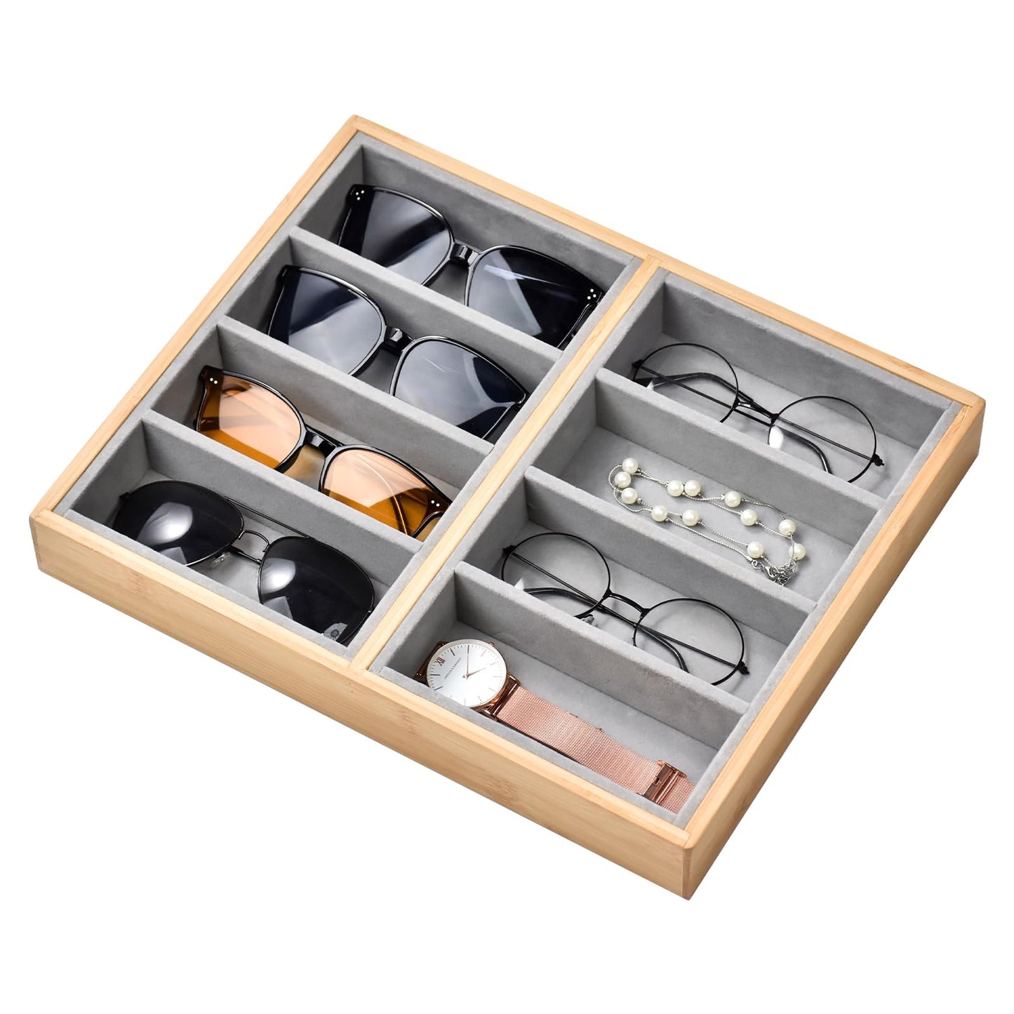 Lunavita Natural Bamboo Velvet Lining Glasses Eyeglass Eyewear Sun glasses Sunglasses Box Storage Case Tray Display Showcase Organizer Box (8 Grids)