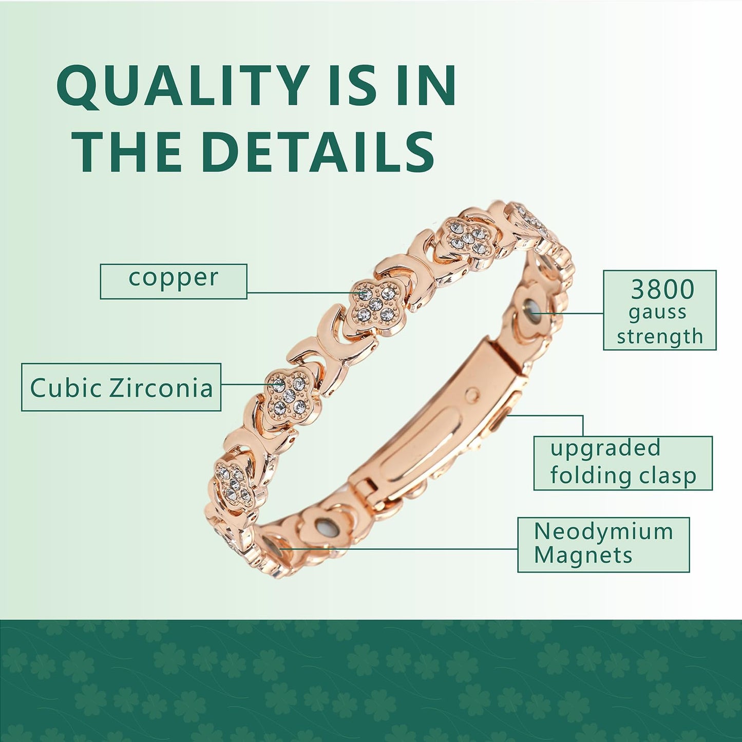 SCSCOZY Magnetic Copper Bracelets for Women with 3800 Gauss Magnets, Pure Copper Bracelet with Four Leaf Clover, Womens Copper Strength Bracelet with Adjustable Cuff for Arthritis