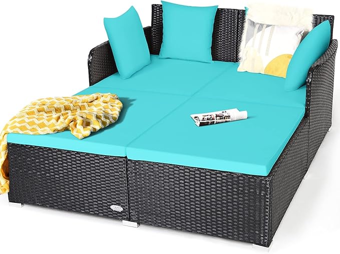 HAPPYGRILL Outdoor Rattan Daybed Patio Loveseat Sofa Set with Padded Cushion Pillows and Sturdy Aluminum Foot, Wicker Patio Furniture for Garden Porch Poolside