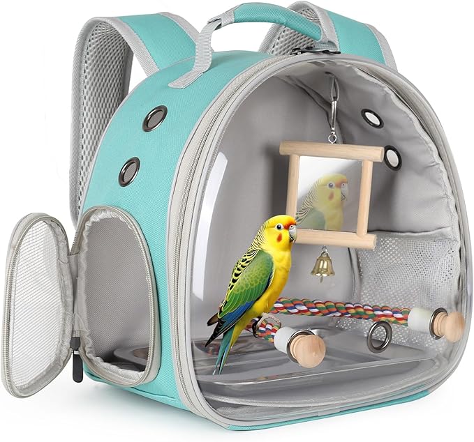Parrot Travel Cage Carrier with Bird Cage Bells Mirror Set,Portable Small Bird Parakeet Bag with Standing Perch and Comfy Mat Bird Carry Transport Bag with Clear Window Outdoor Adventure