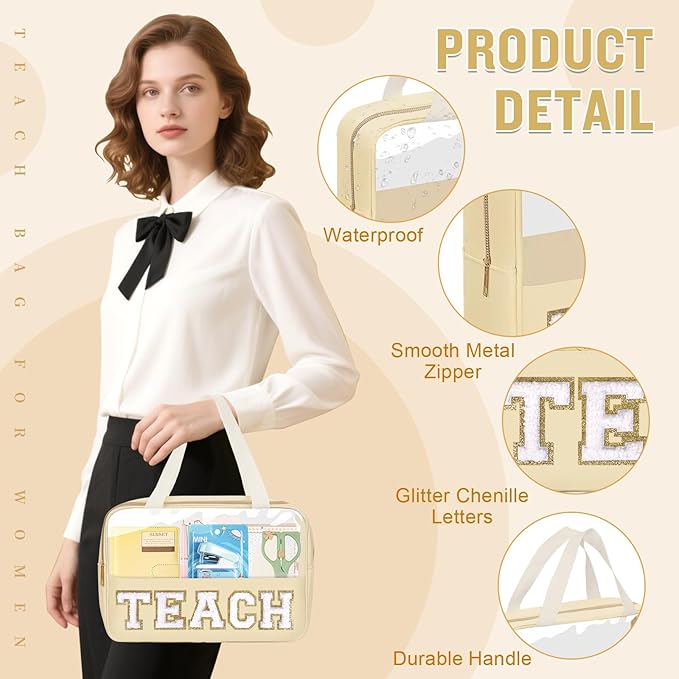 izuzta Teacher Appreciation Gifts TEACH Chenille Letter Clear Makeup Bag Pouch, Monogram Teacher Supplies Zipper with Handle Travel Cosmetic Bag Graduation Retirement Gifts for Women(TEACH-Beige)