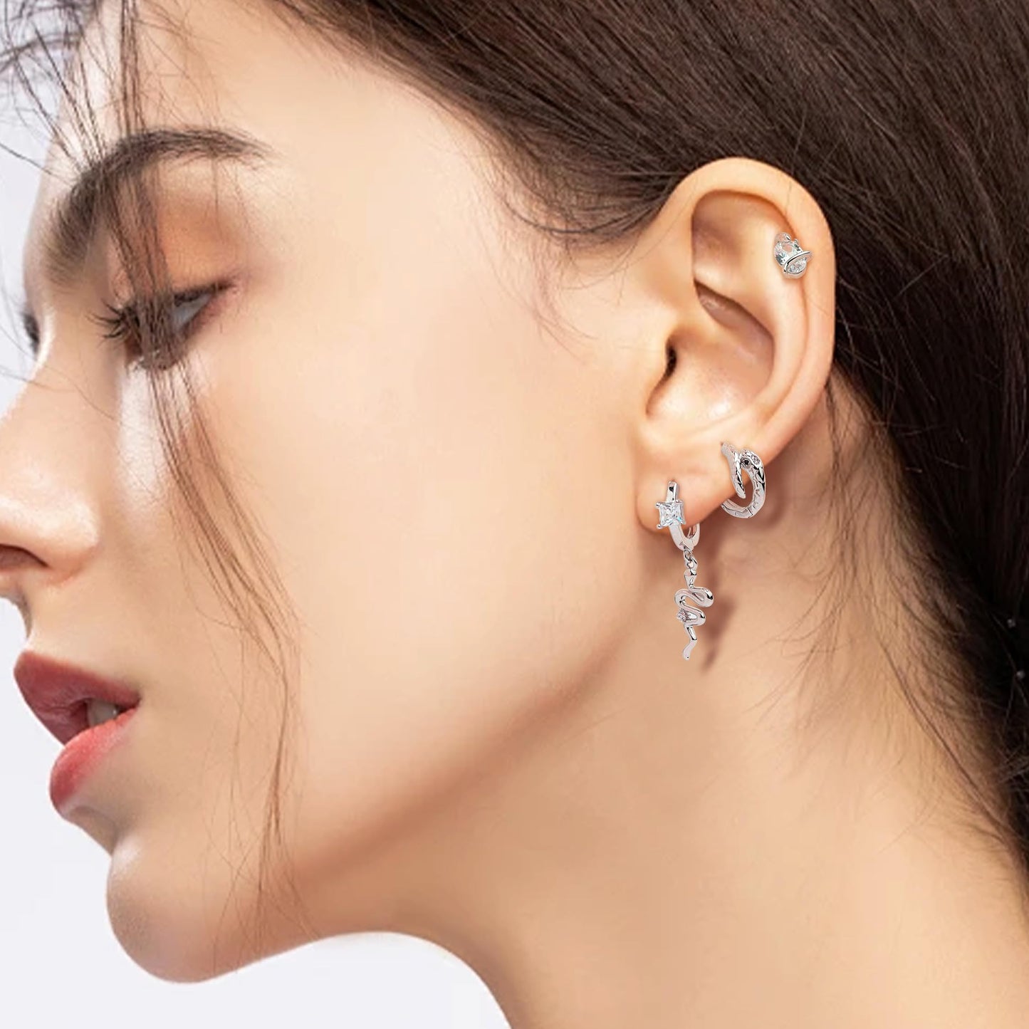 Frigotine Silver Snake Small Hoop Stud Earrings Stack Set for Women, Dainty Sparkly Rhinestone Crystal Drop Multiple Piercing Cartilage Huggie Earing Holiday Prom Fashion Jewelry Gift