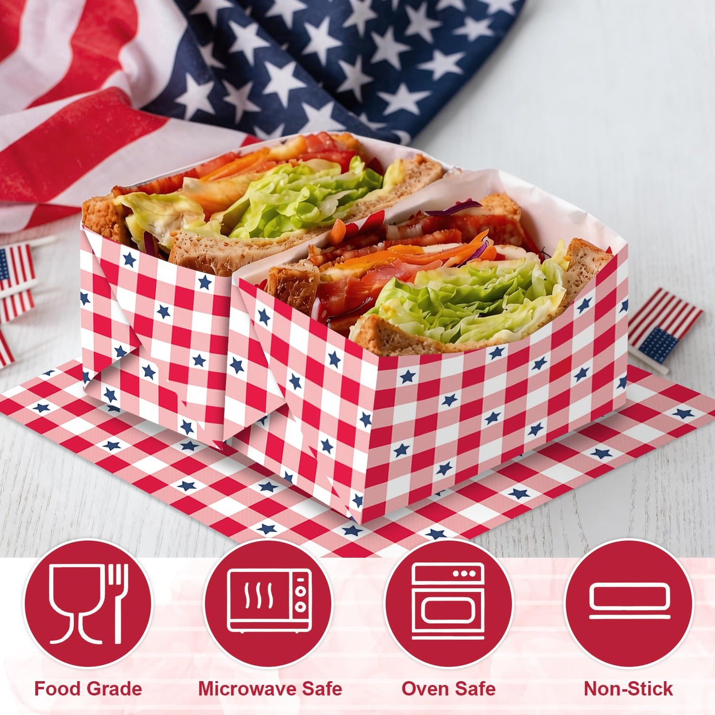 100 Pcs Patriotic Wax Paper for Food, 4th of July Red Plaid Blue Stars Parchment Decorative Oil-Proof Wrapping Basket Liners for Kitchen Party Supplies Cookie Box Dessert Deli Sandwich,9.8 x 9.8 Inch
