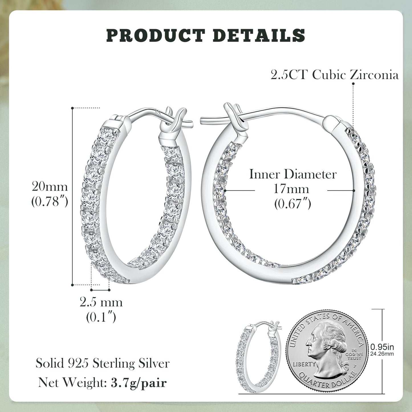 925 Sterling Silver Medium Hoop Earrings Shiny Round Cubic Zirconia Earring Hoops for Women