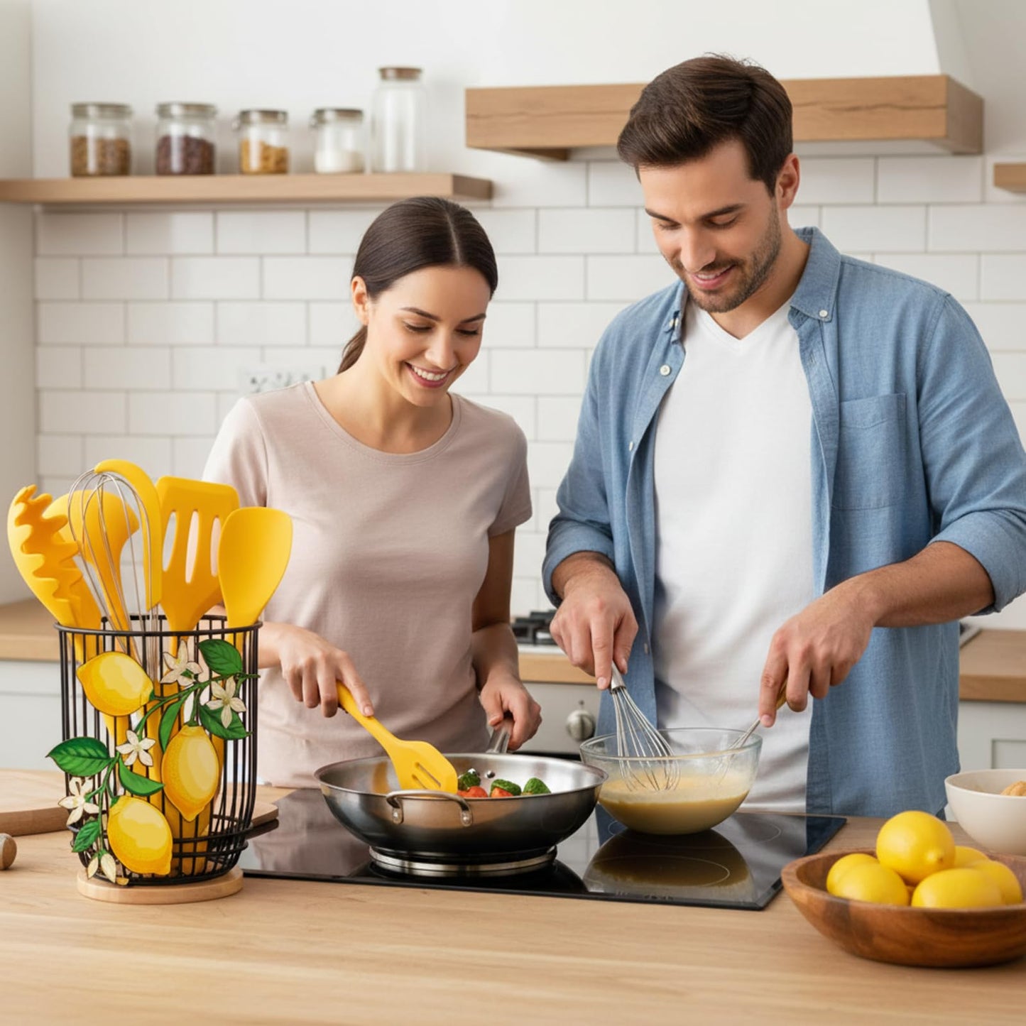 Ferrochef 7 Pcs Lemon Kitchen Decor and Accessories Silicone Cooking Utensils Set with Crock Organizer Heat Resistant Tools Set Slotted Turner Pasta Spoon Soup Ladle Whisk Spatula Salad Server