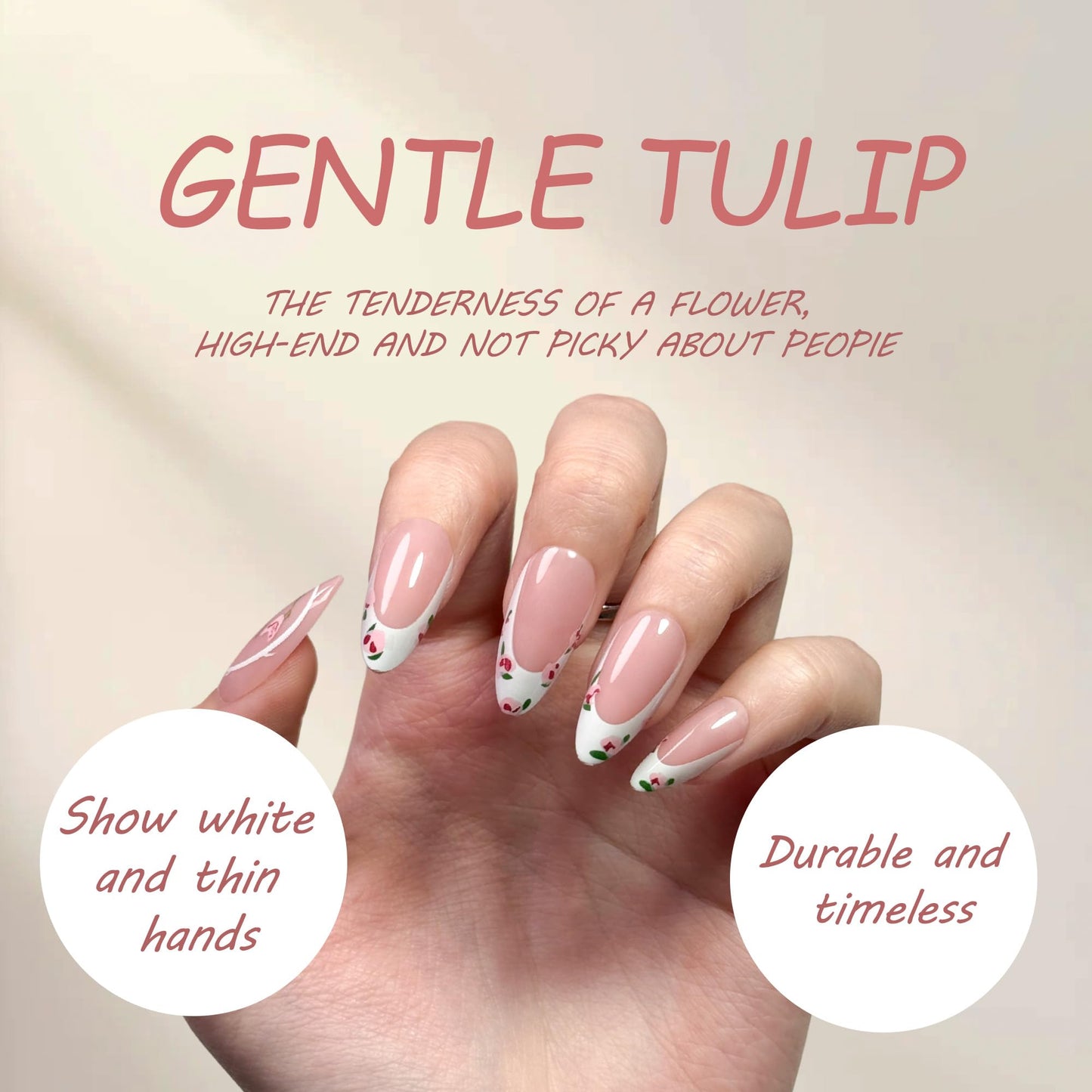 COOCRENAILS Press on Nails, Spring Tulip French Tip, Almond Floral Manicure Set with Botanical Design, 24 Pcs On Nails for Effortless Elegance