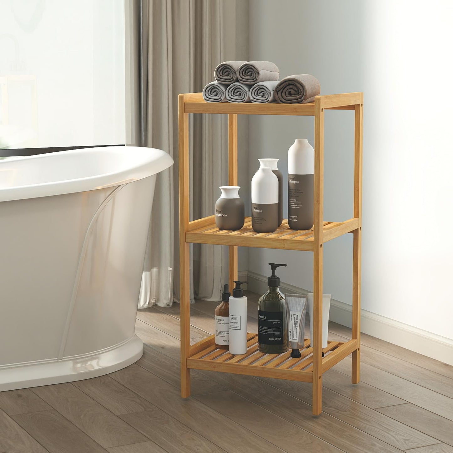 kinbor 3-Tier Bamboo Shelf Freestanding - Space-Saving Bathroom Standing Shelf & Plant Stand, 3 Shelf Bookcase for Kitchen, Living Room, Office (Natural Bamboo, Easy Assembly)